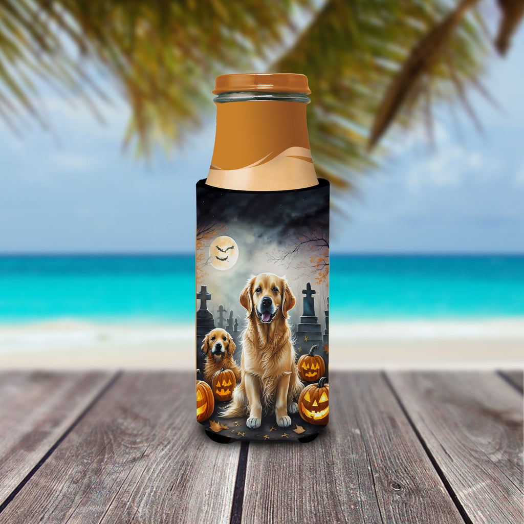 Golden Retriever Spooky Halloween Slim Can Hugger , Insulated Foam Hugger for 12 oz Slim Cans, Beer Bottles & Water Bottles, Printed in USA
