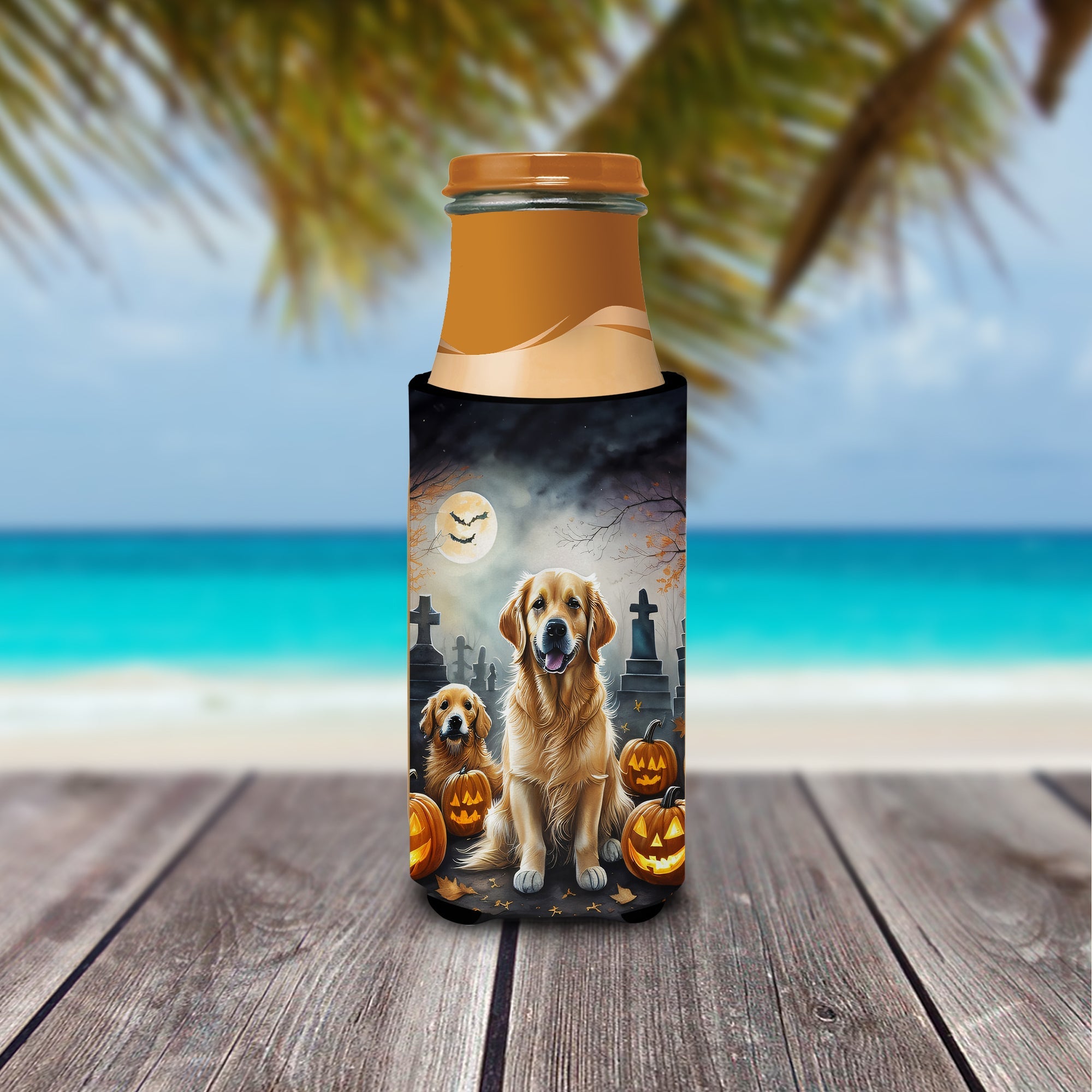 Golden Retriever Spooky Halloween Slim Can Hugger , Insulated Foam Hugger for 12 oz Slim Cans, Beer Bottles & Water Bottles, Printed in USA