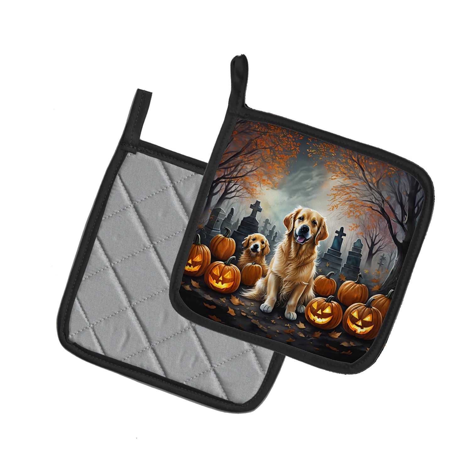 Golden Retriever Spooky Halloween Pot Holder Set of 2 Heat Resistant Quilted Hot Pads 7.5 x 7.5 Inch, Insulated Kitchen Trivets for Cooking & Baking