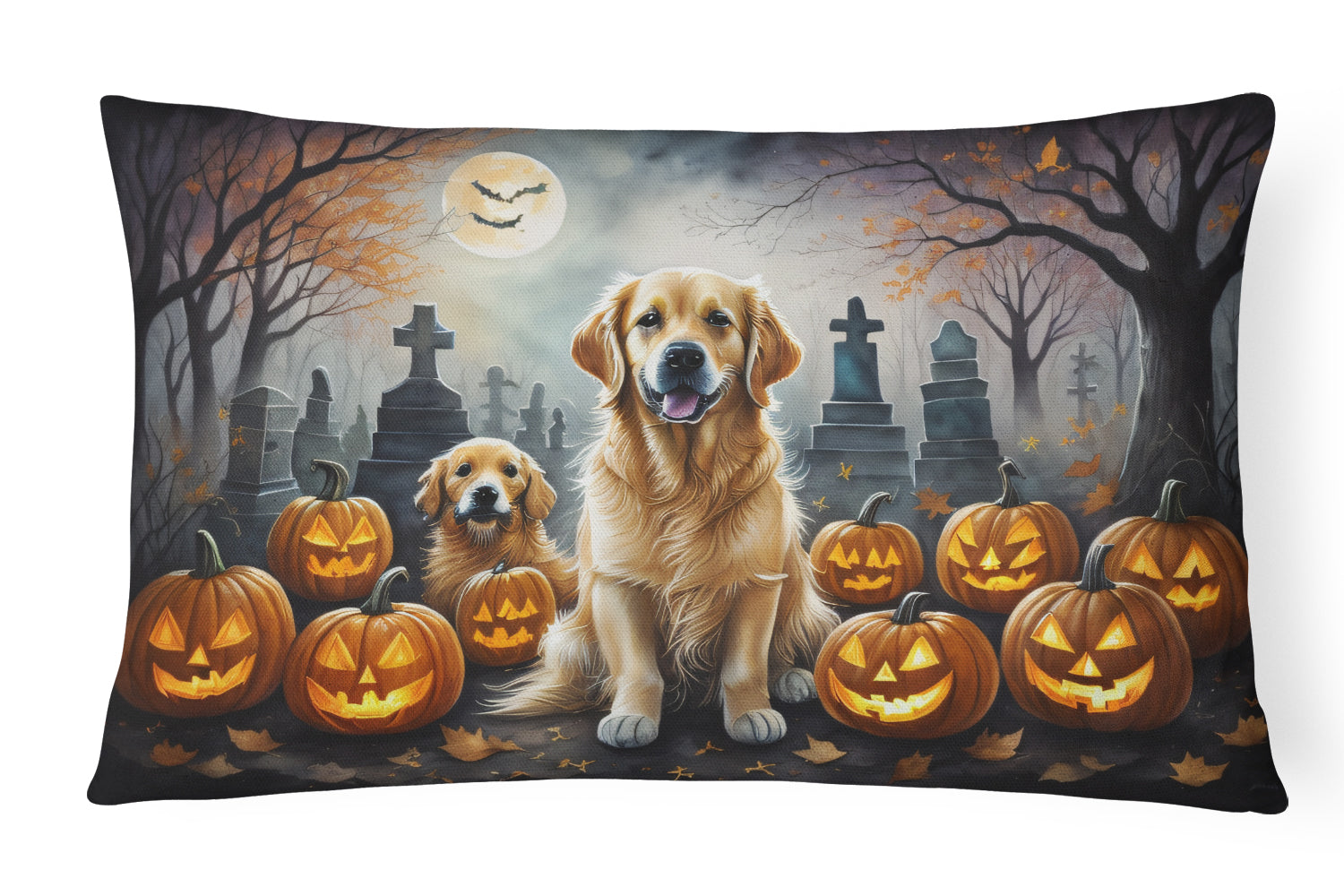 Golden Retriever Spooky Halloween Decorative Throw Pillow 12x16 Indoor Outdoor Accent Cushion, Fabric Cover with Insert for Sofa, Bed, Porch & Living Room