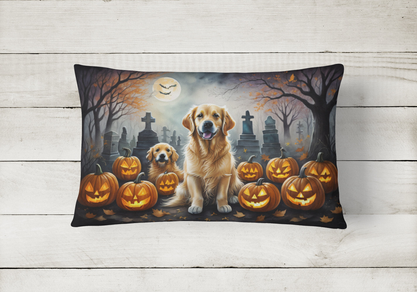 Golden Retriever Spooky Halloween Decorative Throw Pillow 12x16 Indoor Outdoor Accent Cushion, Fabric Cover with Insert for Sofa, Bed, Porch & Living Room