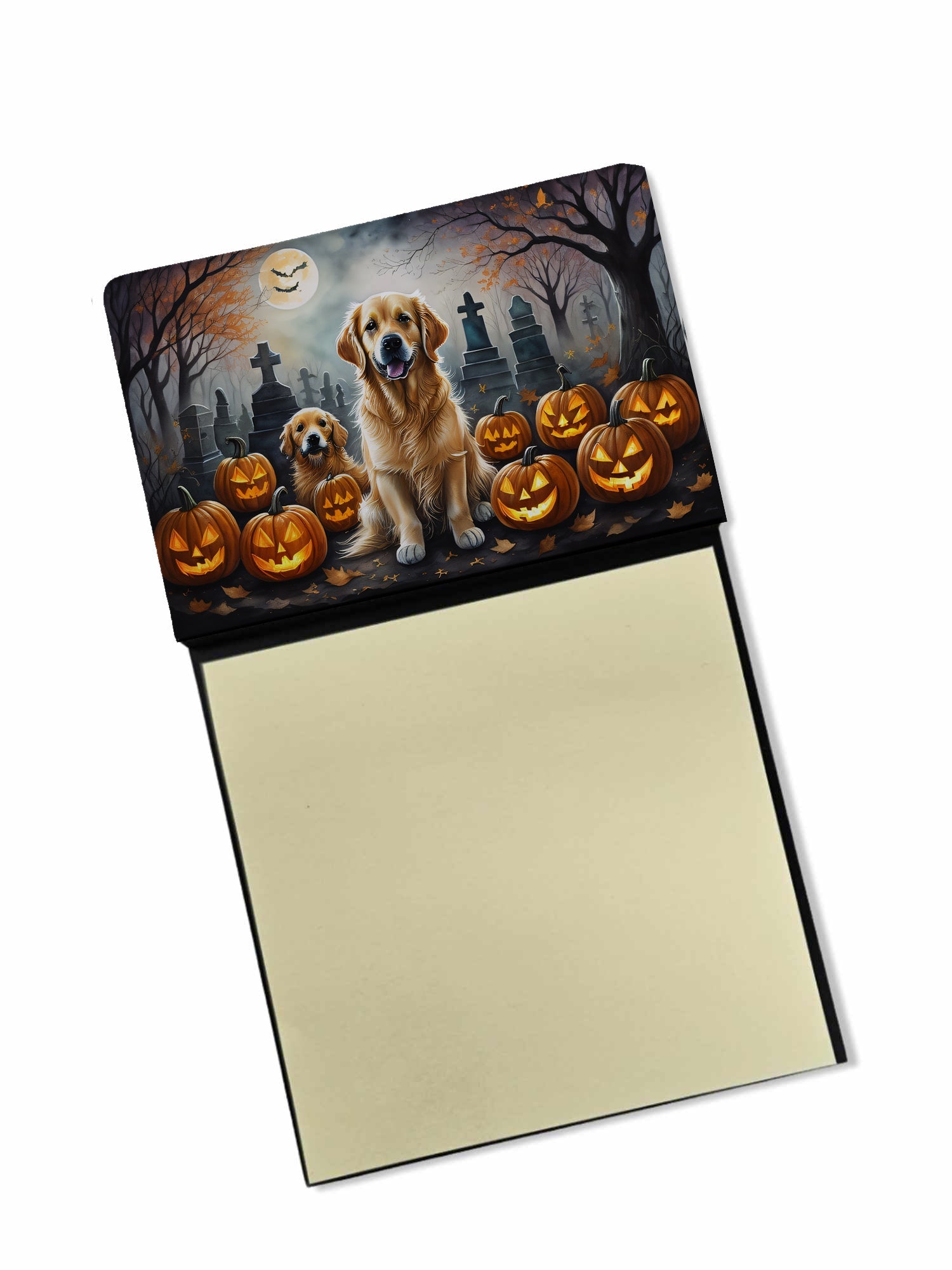 Golden Retriever Spooky Halloween Watercolor Sticky Note Holder Refillable Dispenser Desk Accessory 3x3 Pad Gift