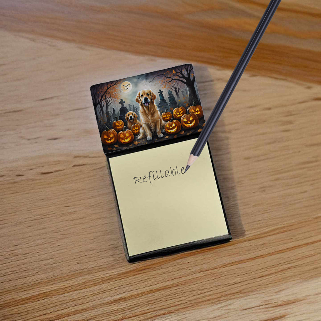 Golden Retriever Spooky Halloween Watercolor Sticky Note Holder Refillable Dispenser Desk Accessory 3x3 Pad Gift