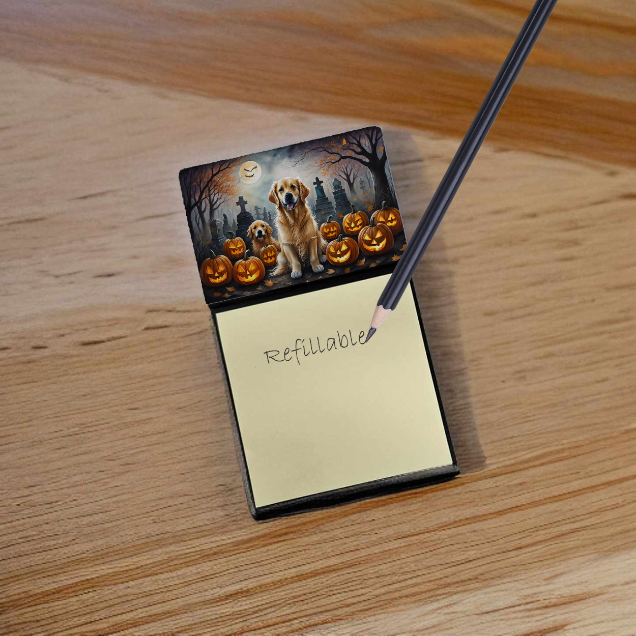 Golden Retriever Spooky Halloween Watercolor Sticky Note Holder Refillable Dispenser Desk Accessory 3x3 Pad Gift