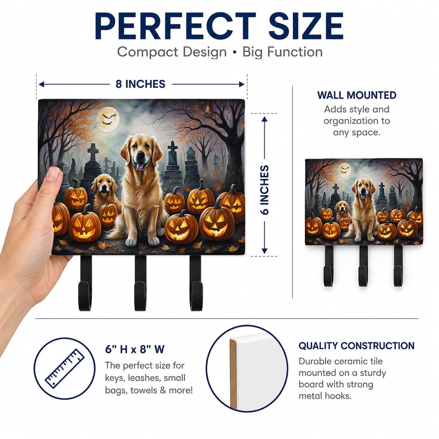 Golden Retriever Spooky Halloween Leash or Key Holder Wall Hooks, Coat Rack Wall Mount, for Hanging Keys, Towels, Aprons, Leashes