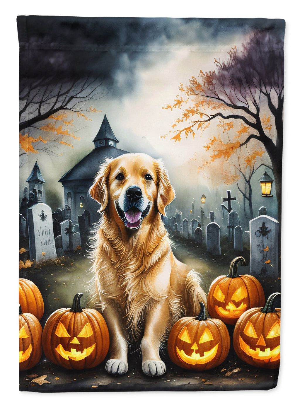 Golden Retriever Spooky Halloween House Flag 28x40 Porch Sleeve Pole Decorative Outside Yard Banner Artwork Wall Hanging, Polyester