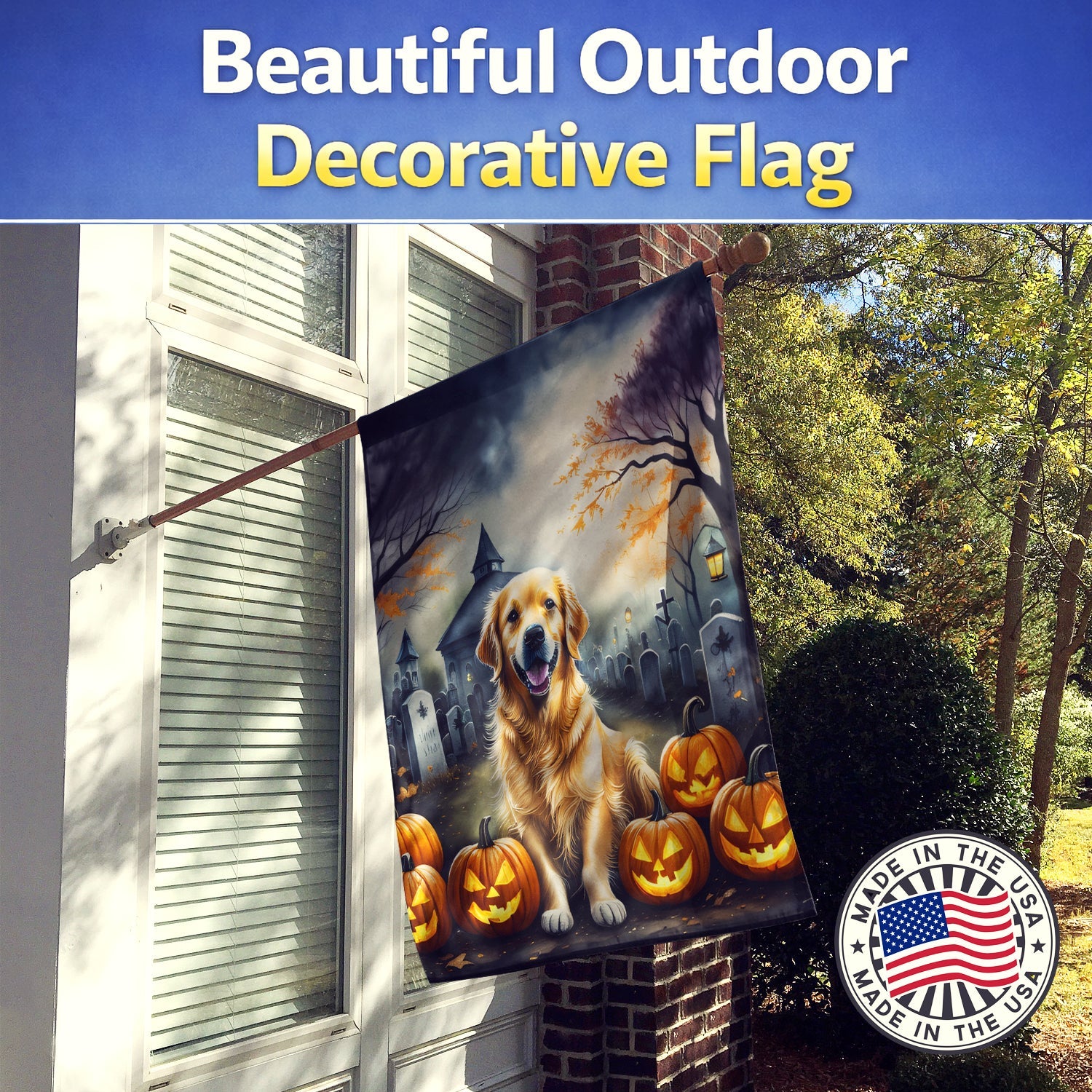 Golden Retriever Spooky Halloween House Flag 28x40 Porch Sleeve Pole Decorative Outside Yard Banner Artwork Wall Hanging, Polyester