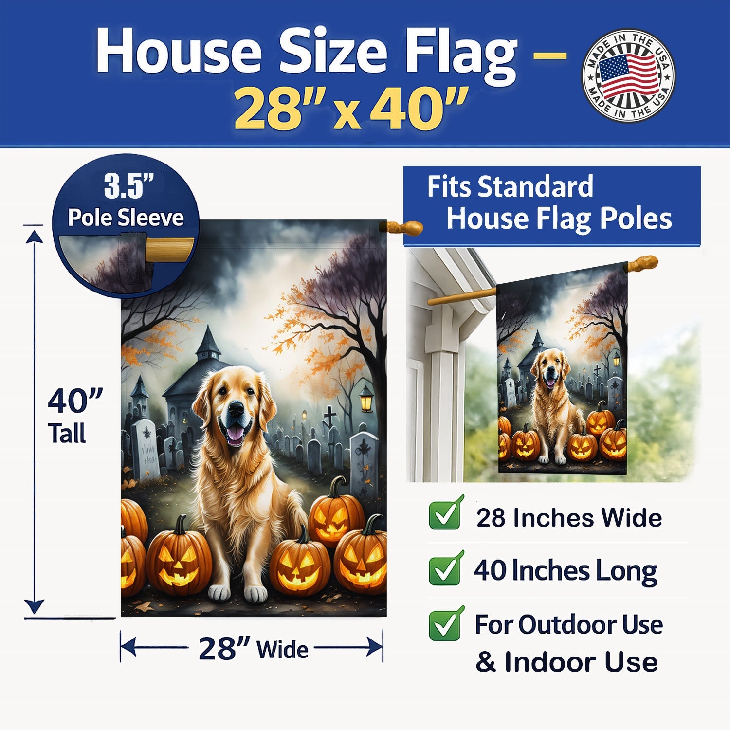 Golden Retriever Spooky Halloween House Flag 28x40 Porch Sleeve Pole Decorative Outside Yard Banner Artwork Wall Hanging, Polyester