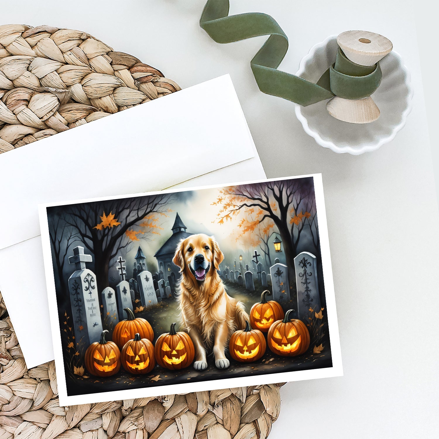 Golden Retriever Spooky Halloween Greeting Cards Pack of 8 Blank Cards with Envelopes Whimsical A7 Size 5x7