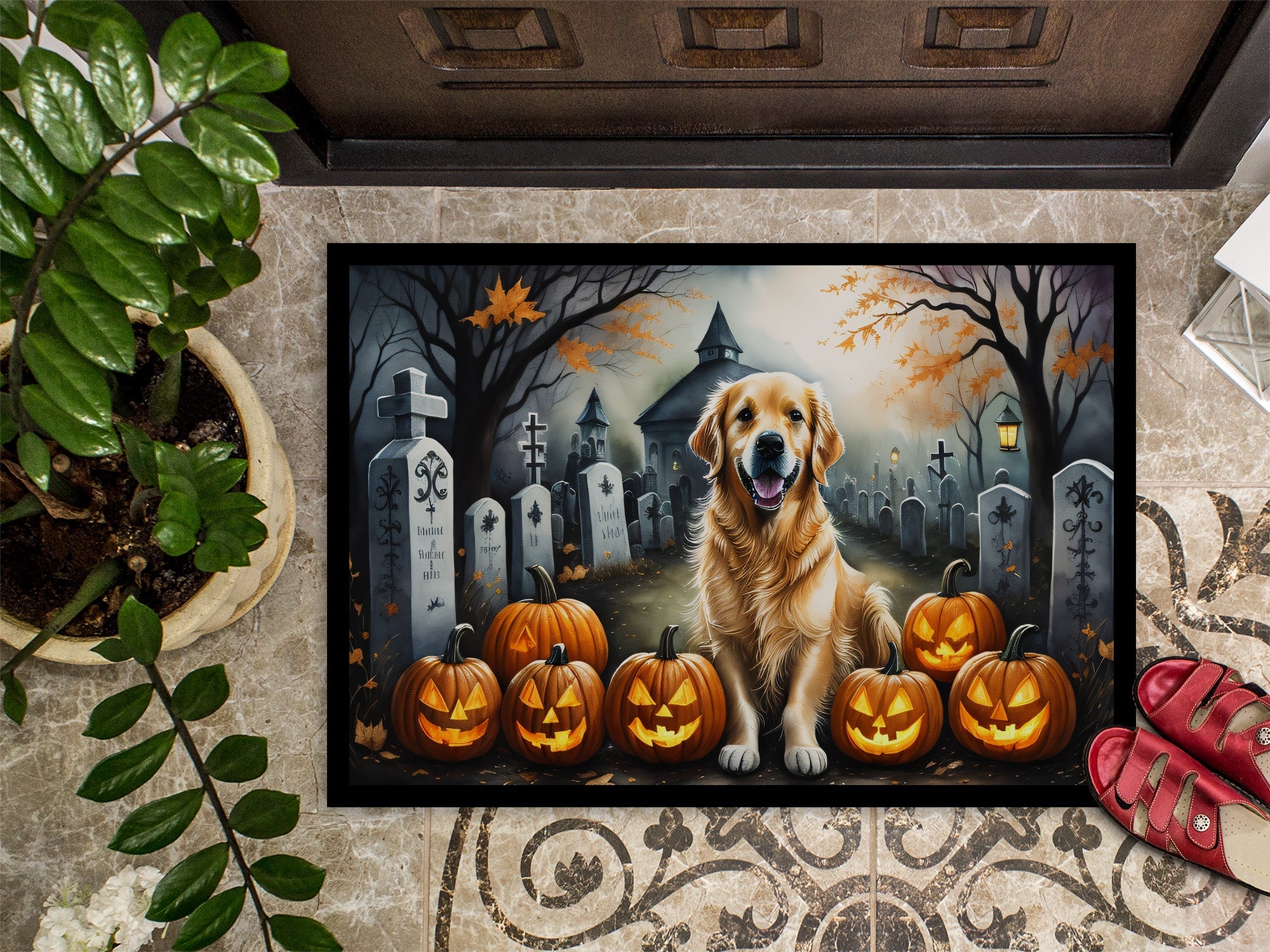 Golden Retriever Spooky Halloween Doormat Indoor Outdoor 24H X 36W Front Door Mat Rugs for Entryway, Non Slip Washable Low Pile,