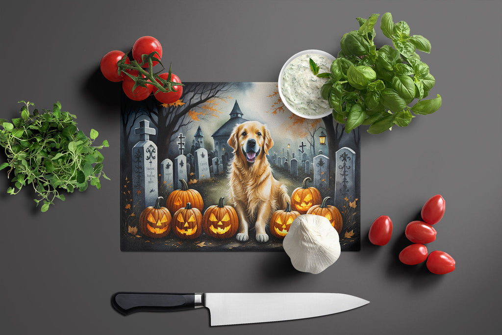 Golden Retriever Spooky Halloween Cutting Board Tempered Glass Kitchen Cutting Surface, Heat Resistant Chopping, Non-Slip Feet, Food Prep & Serving