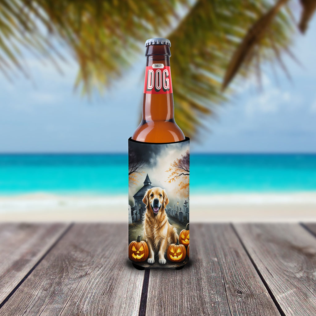 Golden Retriever Spooky Halloween Slim Can Hugger , Insulated Foam Hugger for 12 oz Slim Cans, Beer Bottles & Water Bottles, Printed in USA