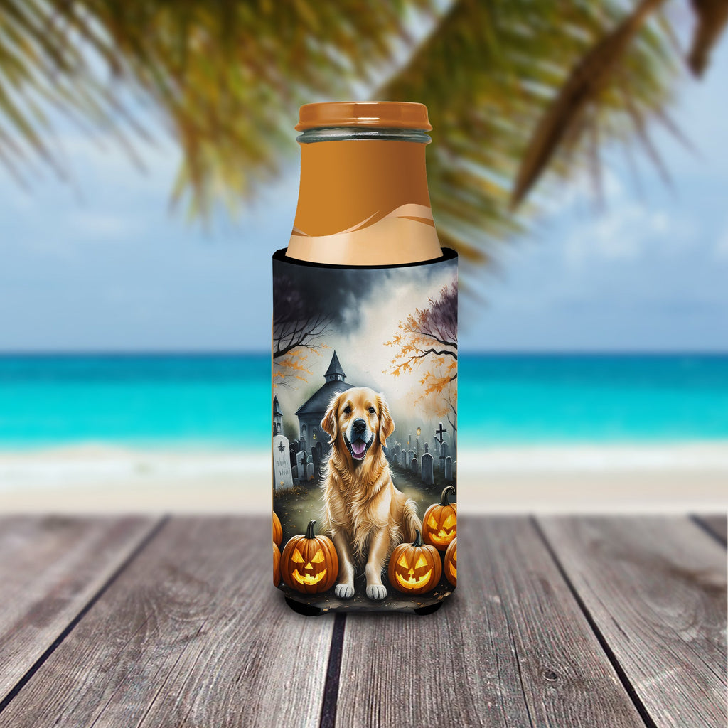 Golden Retriever Spooky Halloween Slim Can Hugger , Insulated Foam Hugger for 12 oz Slim Cans, Beer Bottles & Water Bottles, Printed in USA