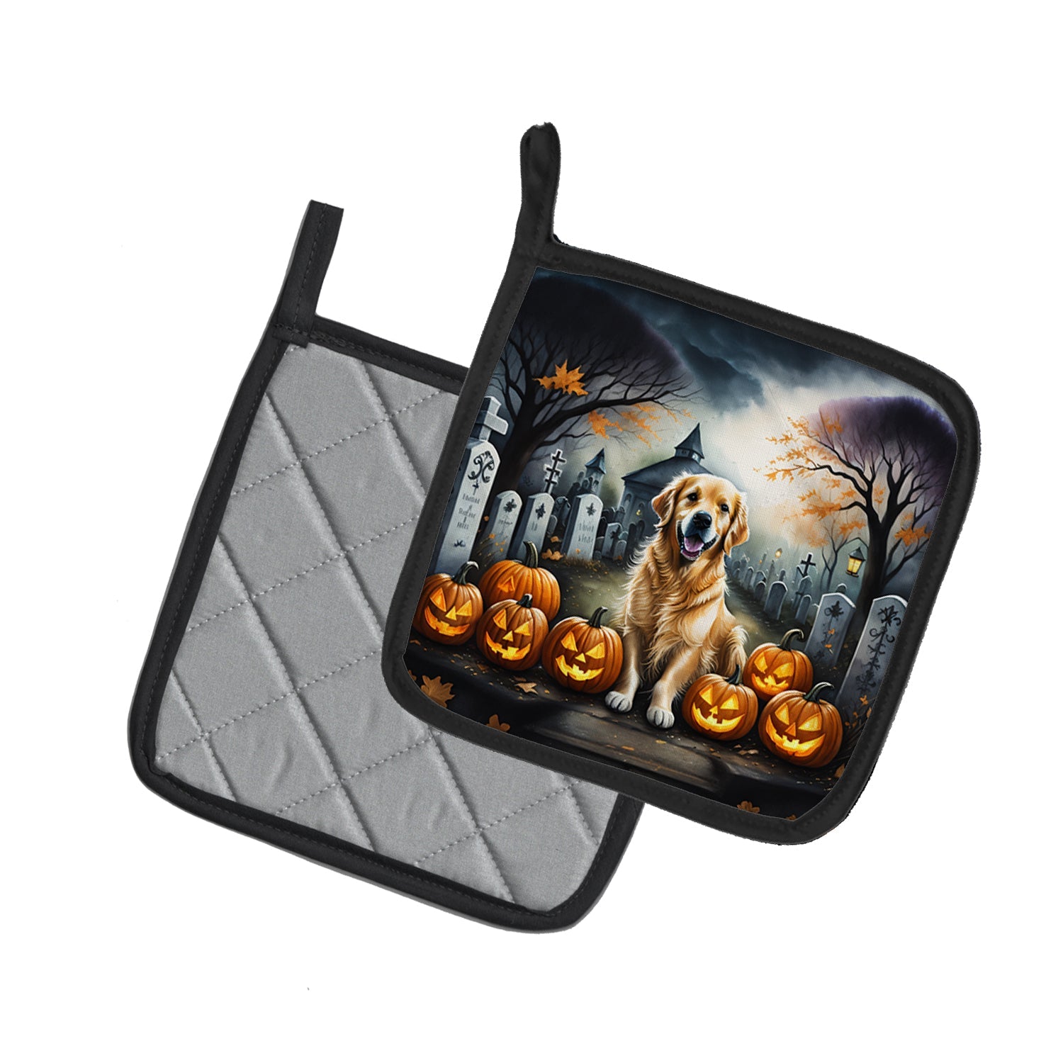 Golden Retriever Spooky Halloween Pot Holder Set of 2 Heat Resistant Quilted Hot Pads 7.5 x 7.5 Inch, Insulated Kitchen Trivets for Cooking & Baking
