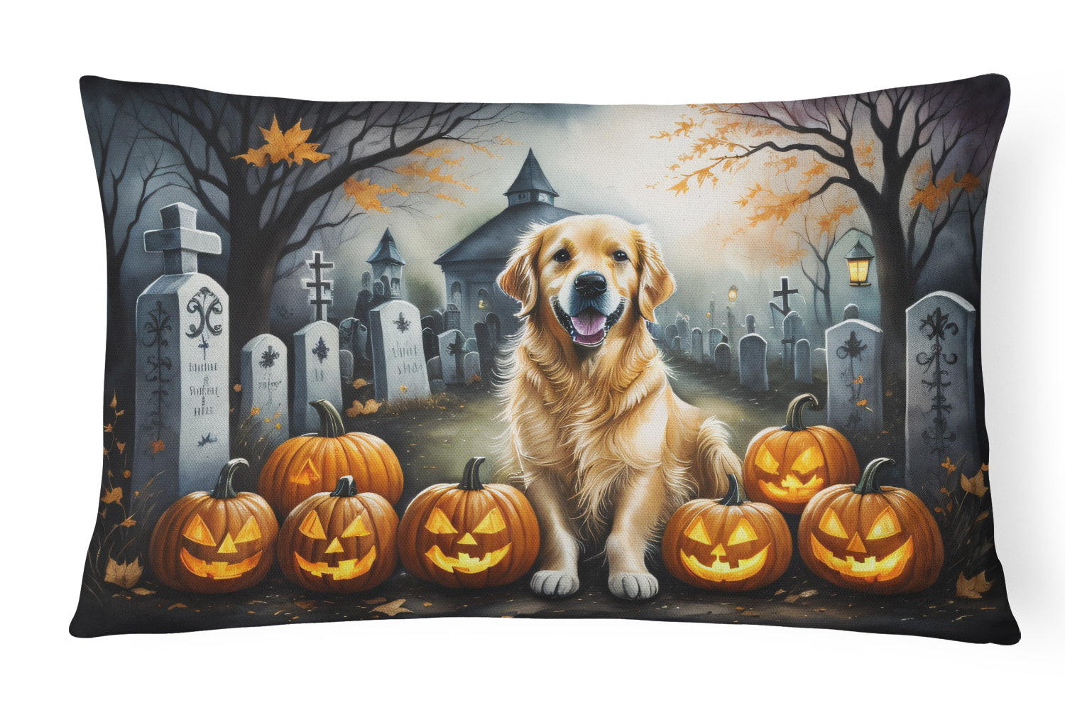 Golden Retriever Spooky Halloween Decorative Throw Pillow 12x16 Indoor Outdoor Accent Cushion, Fabric Cover with Insert for Sofa, Bed, Porch & Living Room