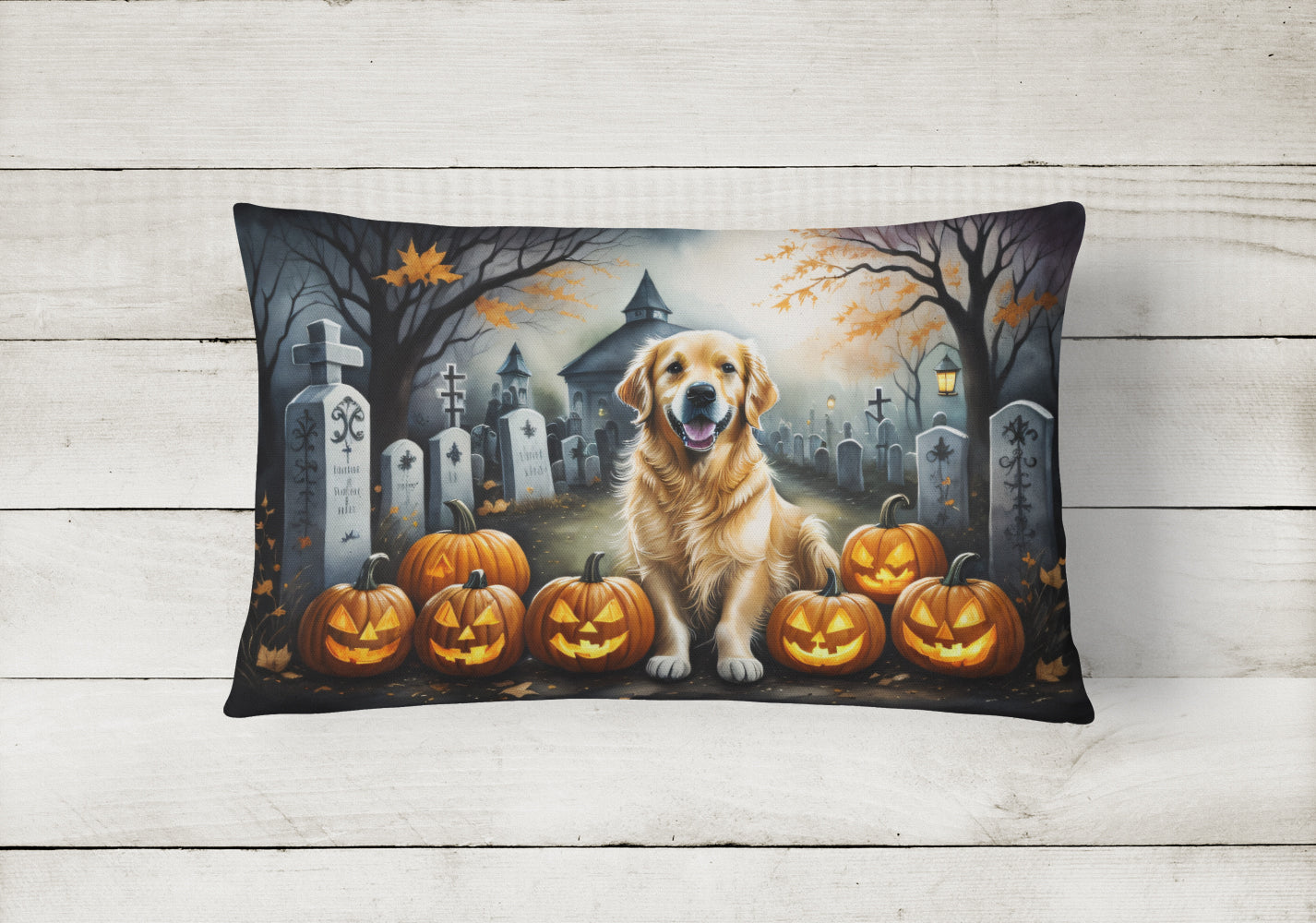 Golden Retriever Spooky Halloween Decorative Throw Pillow 12x16 Indoor Outdoor Accent Cushion, Fabric Cover with Insert for Sofa, Bed, Porch & Living Room