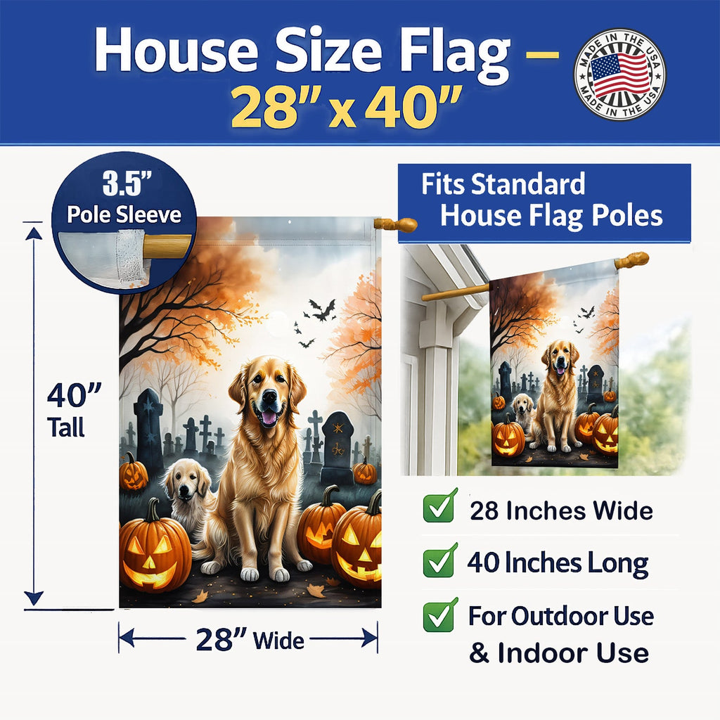 Golden Retriever Spooky Halloween House Flag 28x40 Porch Sleeve Pole Decorative Outside Yard Banner Artwork Wall Hanging, Polyester
