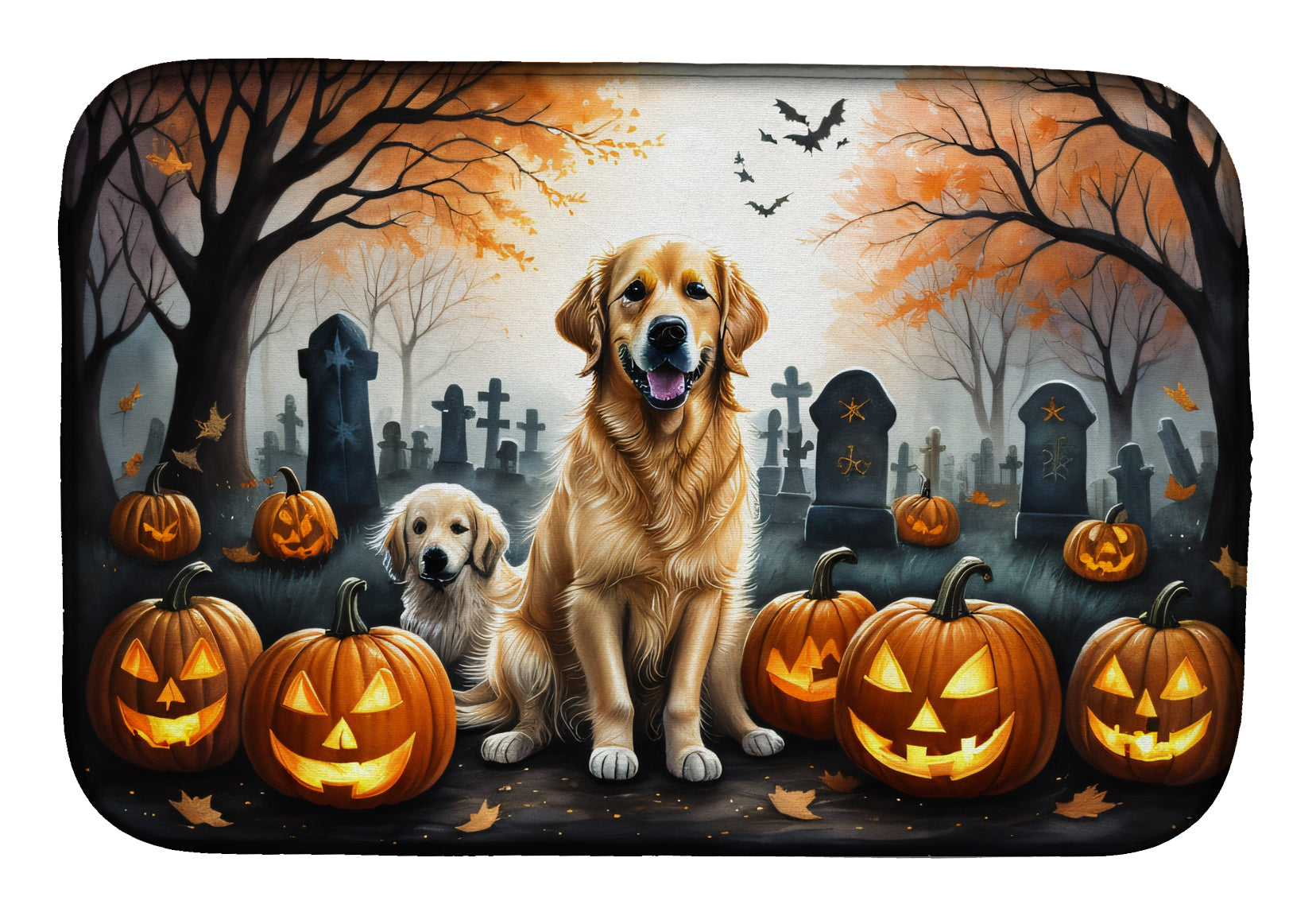 Golden Retriever Spooky Halloween Dish Drying Mat Absorbent Dish Drying Mat Pad for Kitchen Counter Dish Drainer Mat for Countertop, 14 x 21", Multicolor