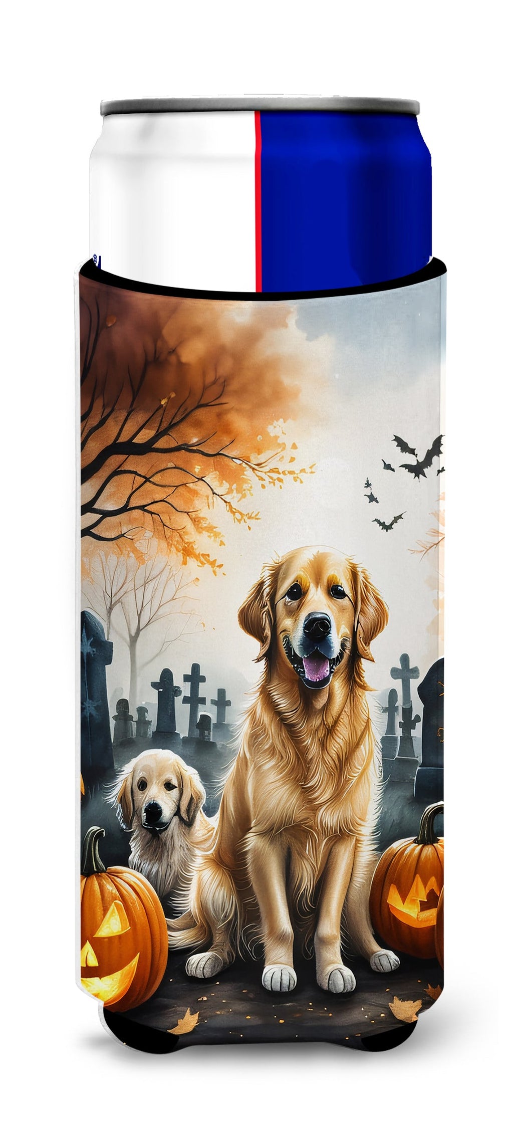 Golden Retriever Spooky Halloween Slim Can Hugger , Insulated Foam Hugger for 12 oz Slim Cans, Beer Bottles & Water Bottles, Printed in USA