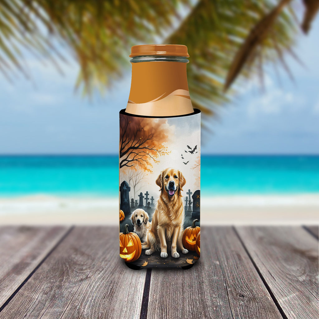 Golden Retriever Spooky Halloween Slim Can Hugger , Insulated Foam Hugger for 12 oz Slim Cans, Beer Bottles & Water Bottles, Printed in USA
