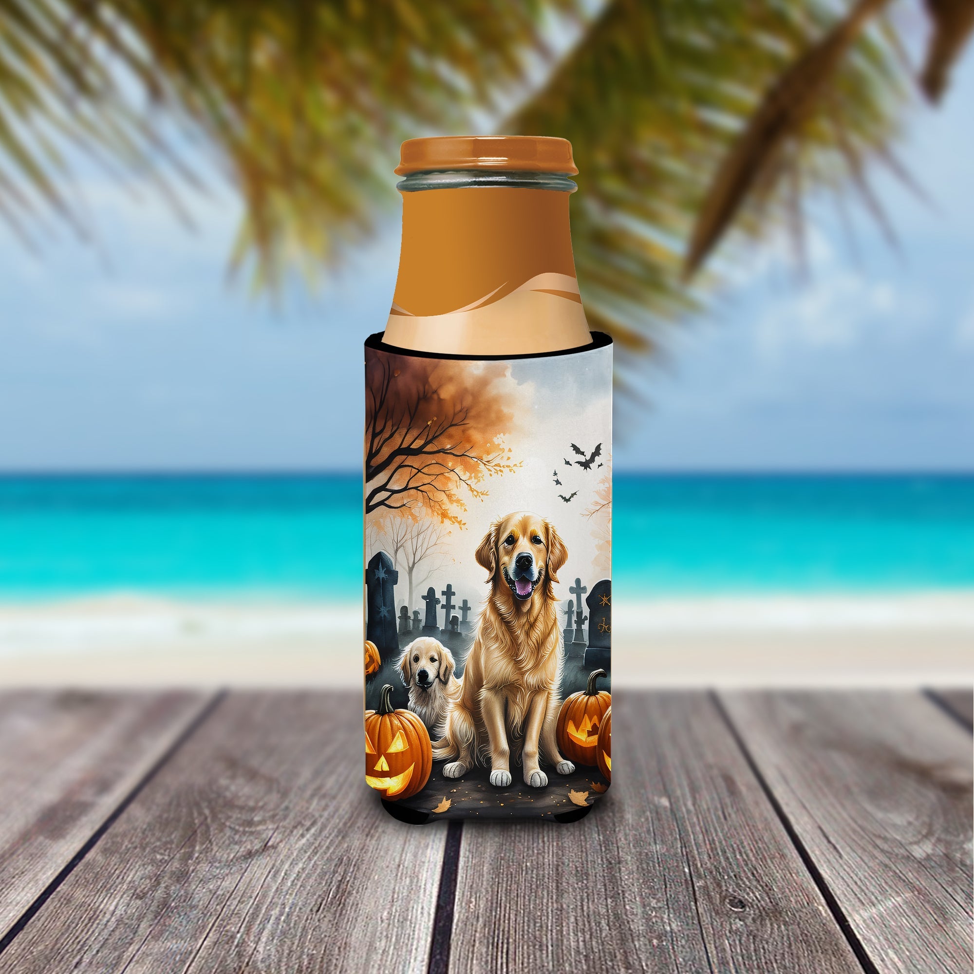 Golden Retriever Spooky Halloween Slim Can Hugger , Insulated Foam Hugger for 12 oz Slim Cans, Beer Bottles & Water Bottles, Printed in USA