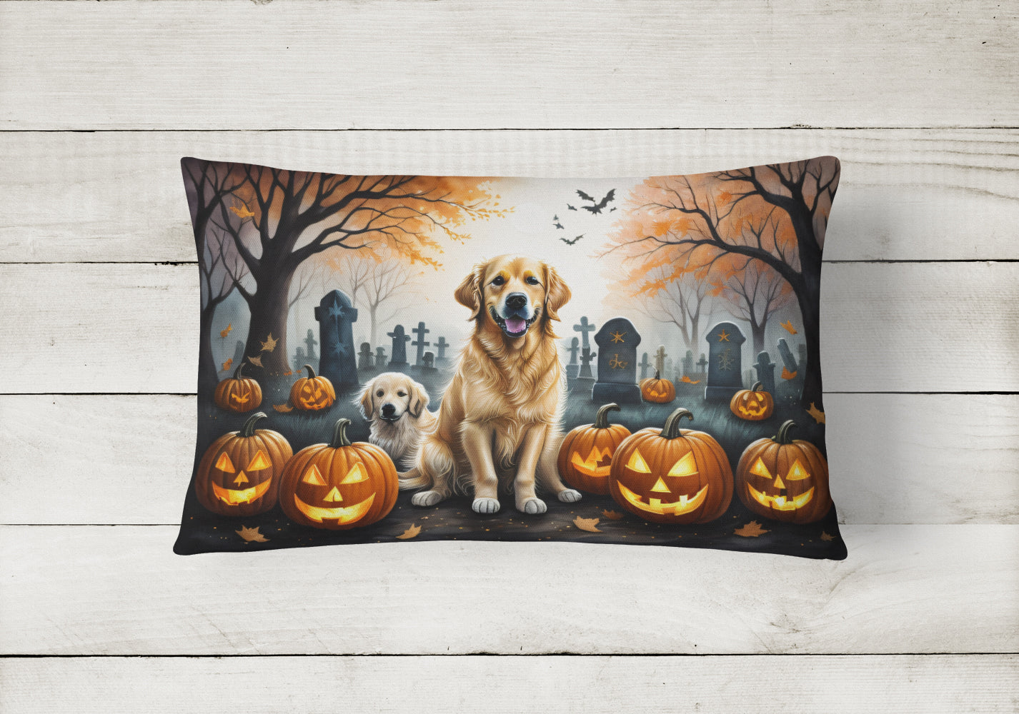 Golden Retriever Spooky Halloween Decorative Throw Pillow 12x16 Indoor Outdoor Accent Cushion, Fabric Cover with Insert for Sofa, Bed, Porch & Living Room