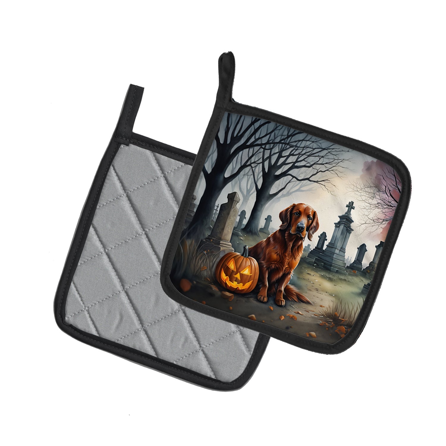 Irish Setter Spooky Halloween Pot Holder Set of 2 Heat Resistant Quilted Hot Pads 7.5 x 7.5 Inch, Insulated Kitchen Trivets for Cooking & Baking