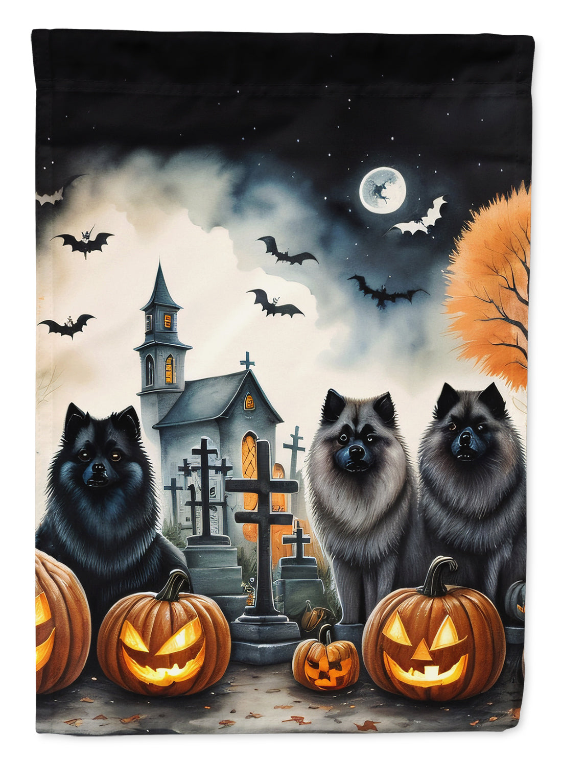 Keeshond Spooky Halloween House Flag 28x40 Porch Sleeve Pole Decorative Outside Yard Banner Artwork Wall Hanging, Polyester