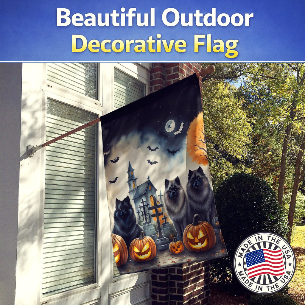 Keeshond Spooky Halloween House Flag 28x40 Porch Sleeve Pole Decorative Outside Yard Banner Artwork Wall Hanging, Polyester