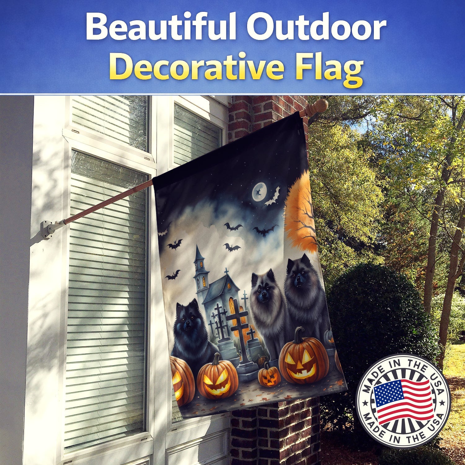 Keeshond Spooky Halloween House Flag 28x40 Porch Sleeve Pole Decorative Outside Yard Banner Artwork Wall Hanging, Polyester