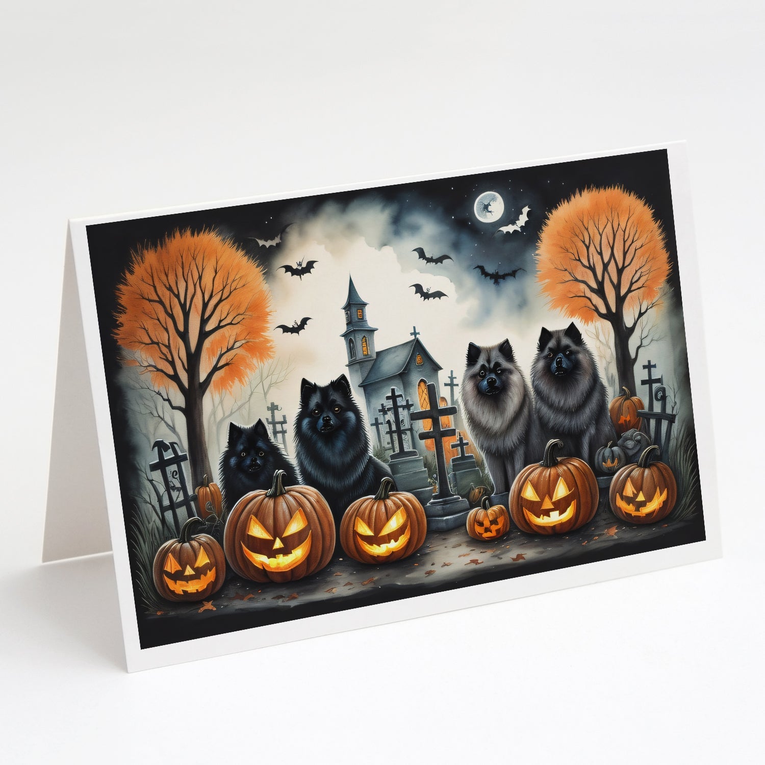 Keeshond Spooky Halloween Greeting Cards Pack of 8 Blank Cards with Envelopes Whimsical A7 Size 5x7