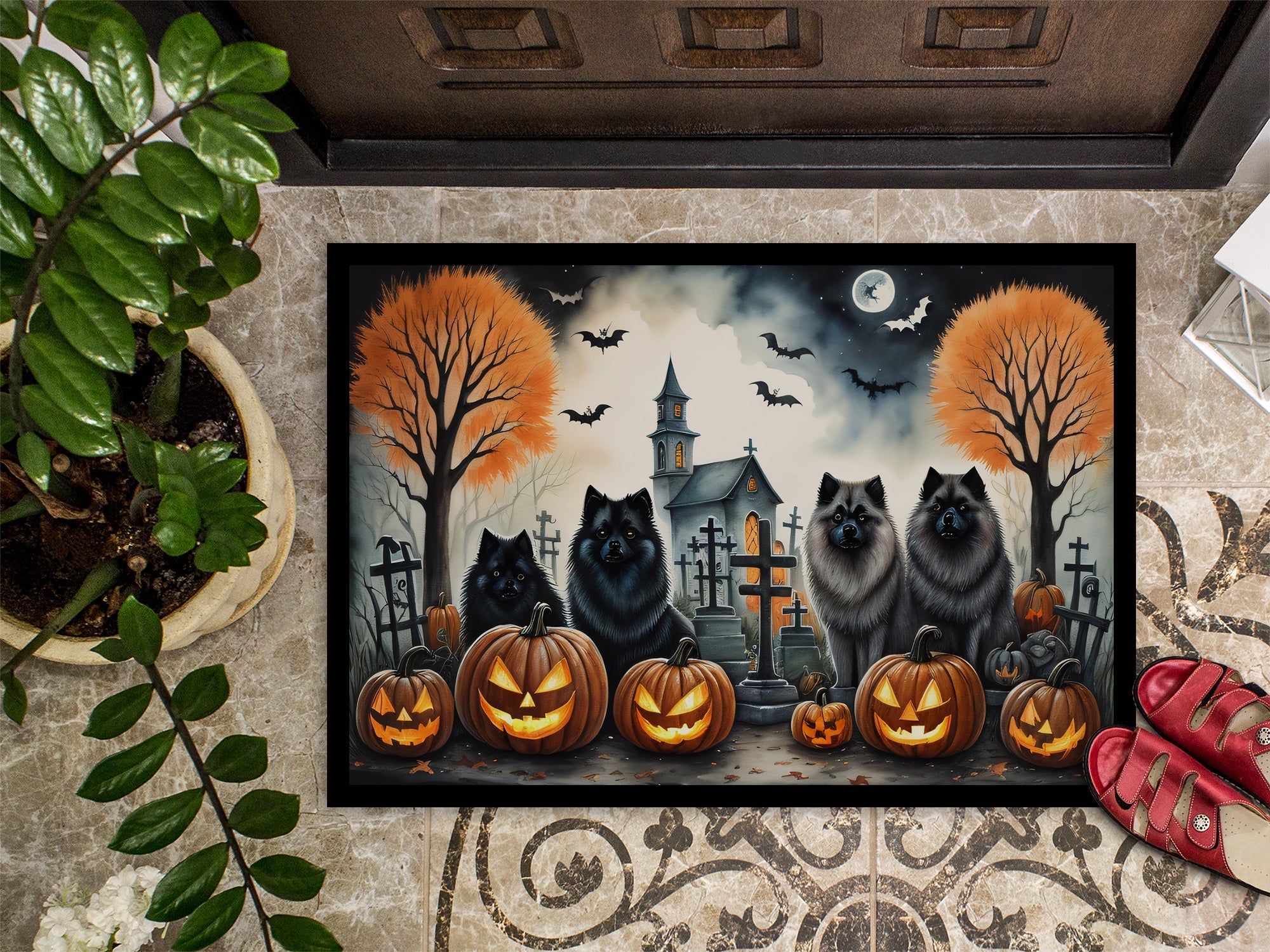 Keeshond Spooky Halloween Doormat Indoor Outdoor 24H X 36W Front Door Mat Rugs for Entryway, Non Slip Washable Low Pile,