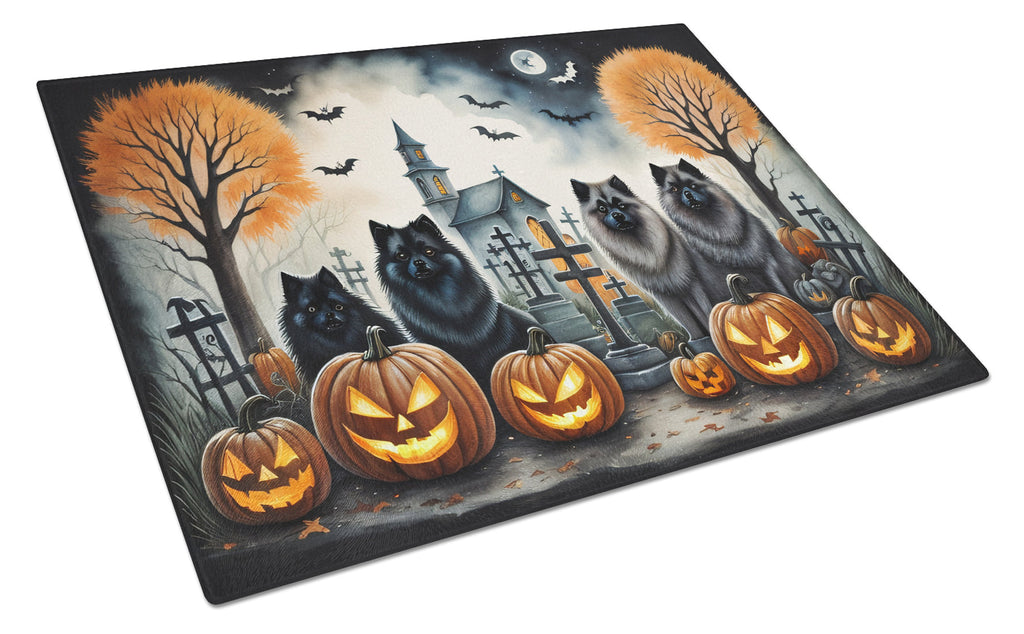 Keeshond Spooky Halloween Cutting Board Tempered Glass Kitchen Cutting Surface, Heat Resistant Chopping, Non-Slip Feet, Food Prep & Serving