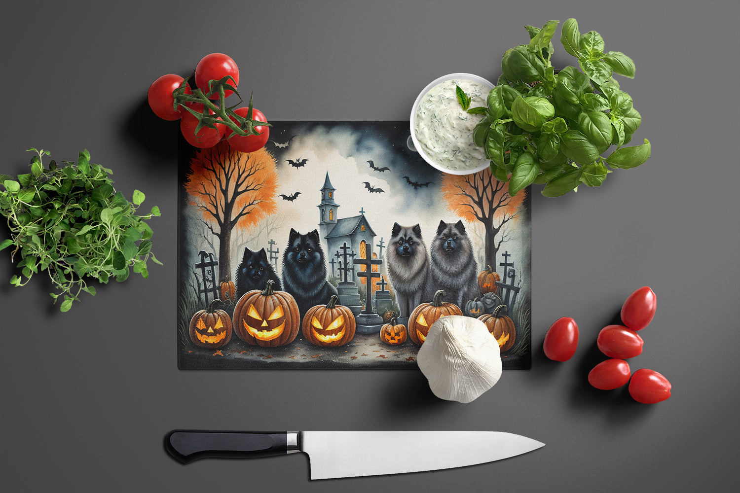 Keeshond Spooky Halloween Cutting Board Tempered Glass Kitchen Cutting Surface, Heat Resistant Chopping, Non-Slip Feet, Food Prep & Serving