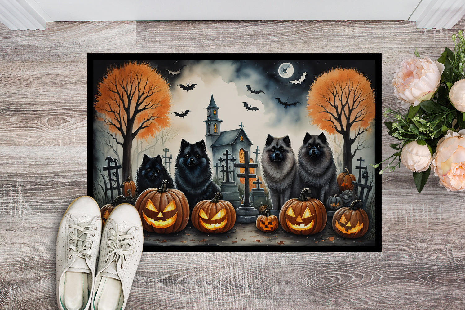 Keeshond Spooky Halloween Doormat Indoor Outdoor 18H X 27W Front Door Mat Rugs for Entryway, Non Slip Washable