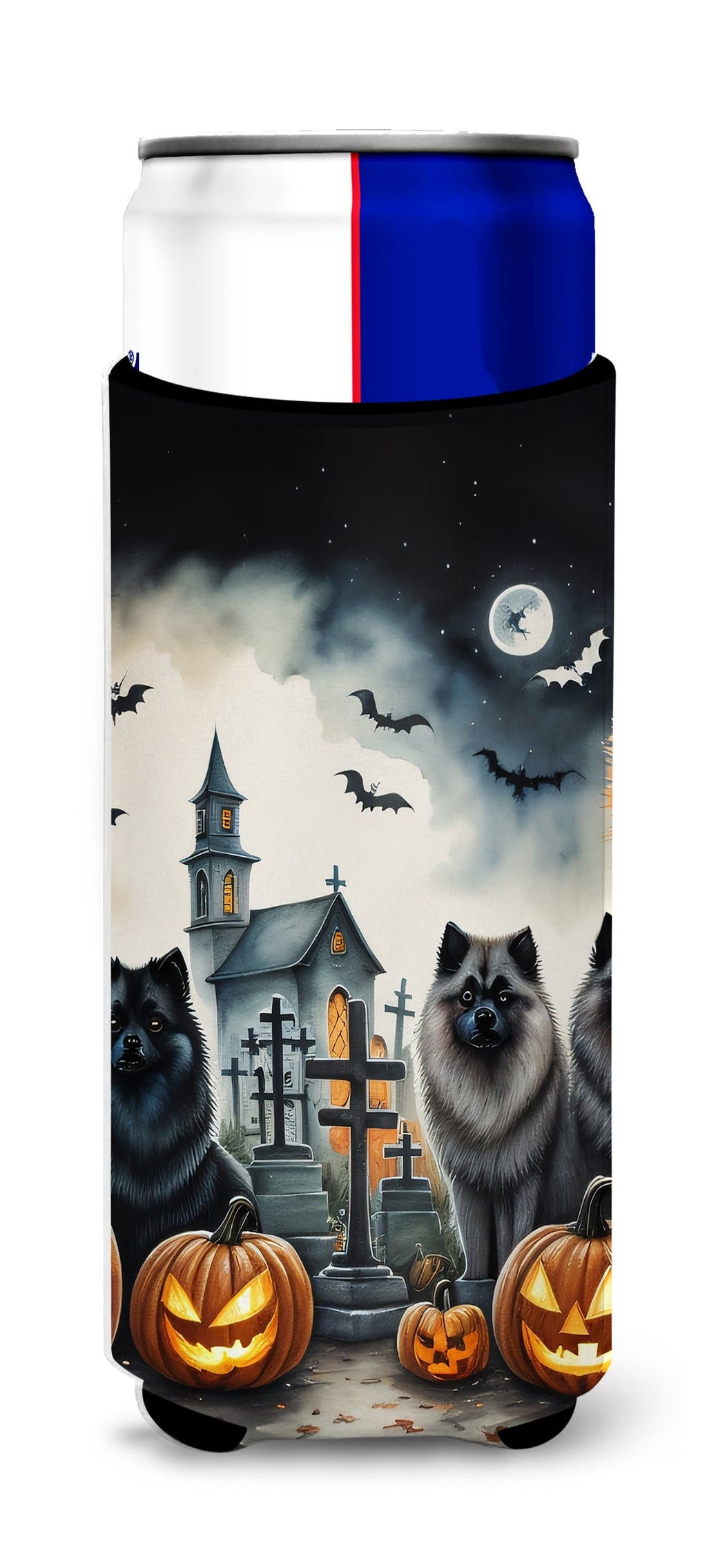 Keeshond Spooky Halloween Slim Can Hugger , Insulated Foam Hugger for 12 oz Slim Cans, Beer Bottles & Water Bottles, Printed in USA