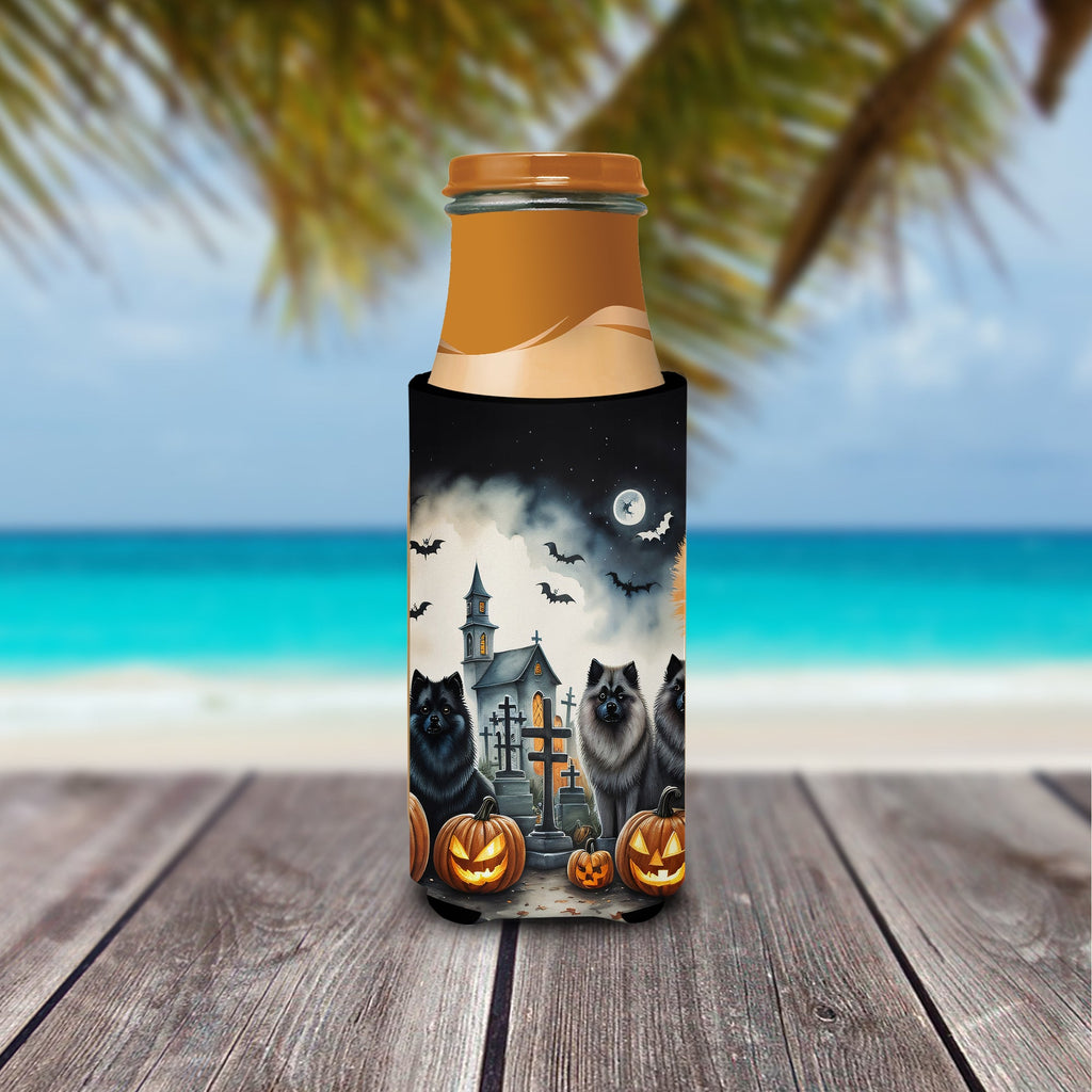Keeshond Spooky Halloween Slim Can Hugger , Insulated Foam Hugger for 12 oz Slim Cans, Beer Bottles & Water Bottles, Printed in USA