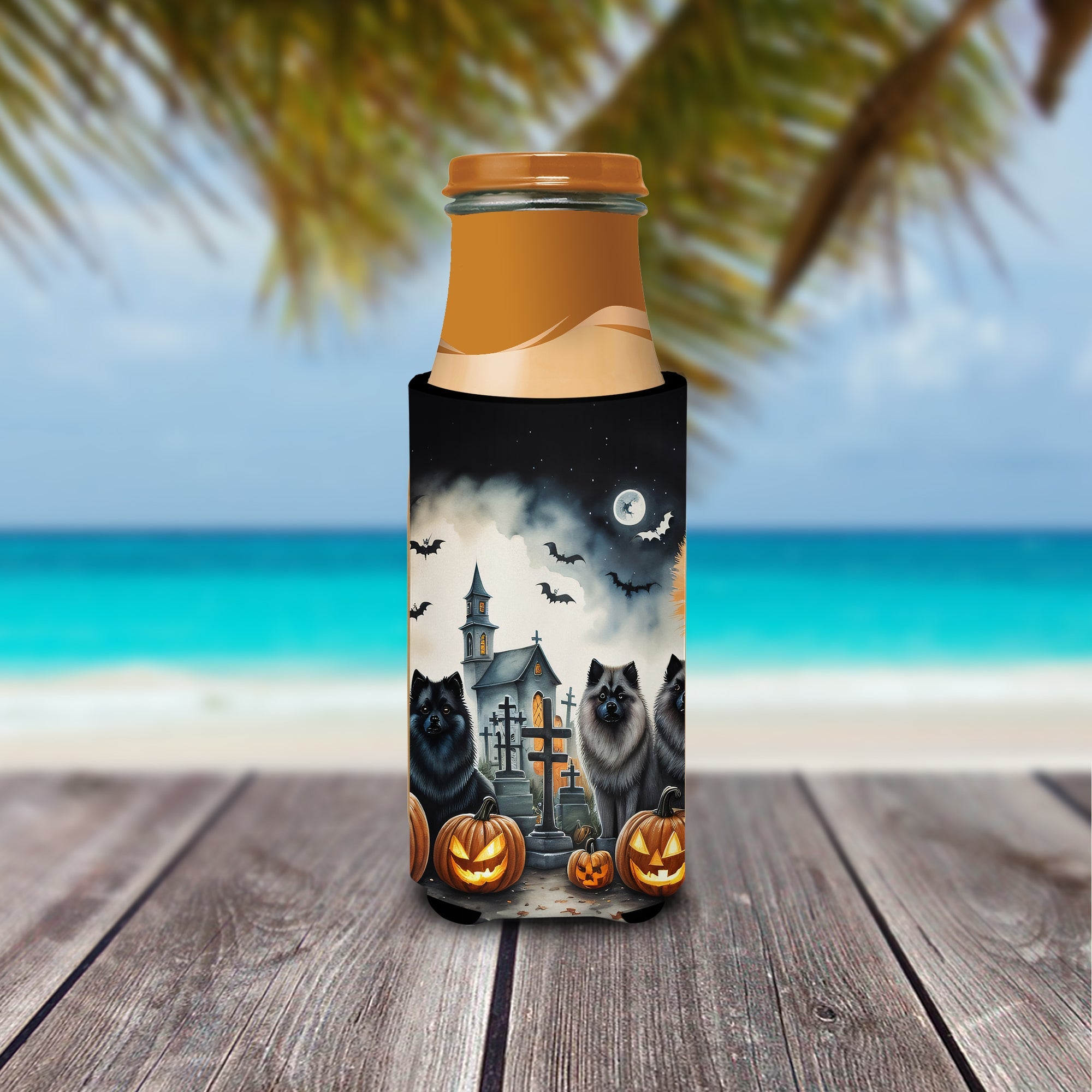 Keeshond Spooky Halloween Slim Can Hugger , Insulated Foam Hugger for 12 oz Slim Cans, Beer Bottles & Water Bottles, Printed in USA