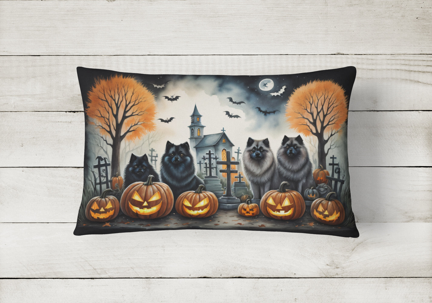 Keeshond Spooky Halloween Decorative Throw Pillow 12x16 Indoor Outdoor Accent Cushion, Fabric Cover with Insert for Sofa, Bed, Porch & Living Room