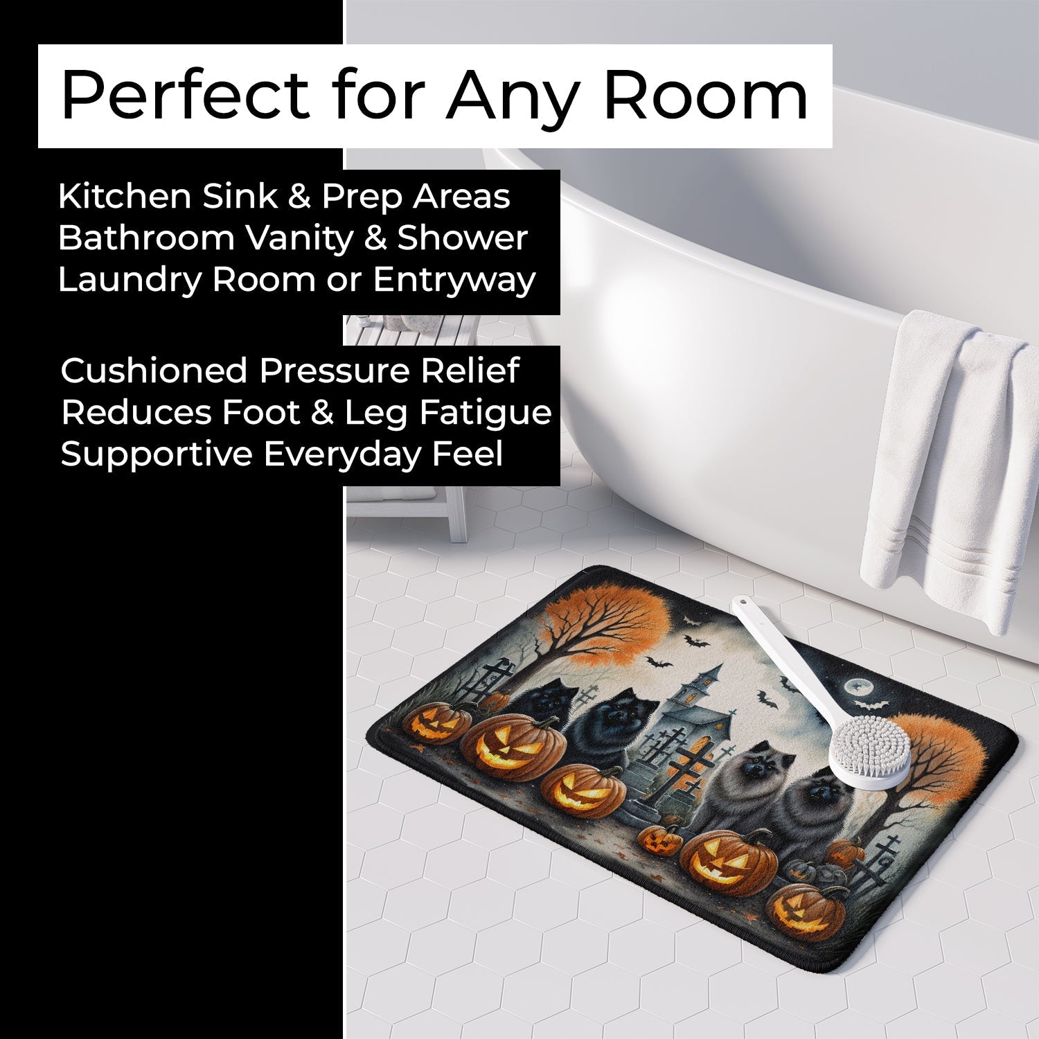 Keeshond Spooky Halloween Memory Foam Kitchen Mat Machine Washable Anti-Fatigue Cushion Comfort Bath or Kitchen Rug