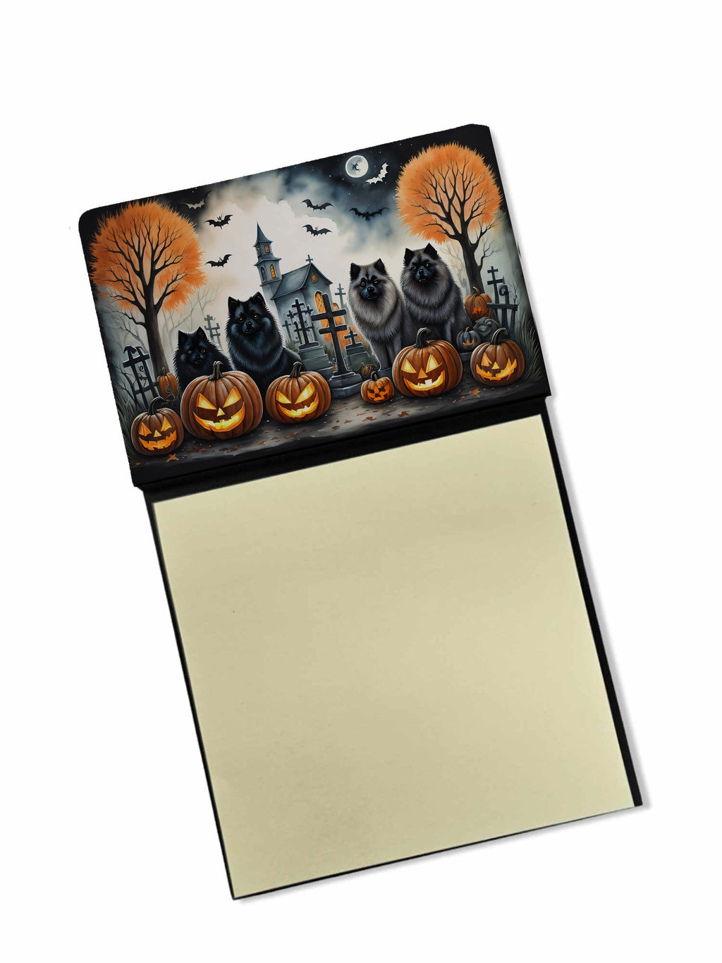 Keeshond Spooky Halloween Watercolor Sticky Note Holder Refillable Dispenser Desk Accessory 3x3 Pad Gift