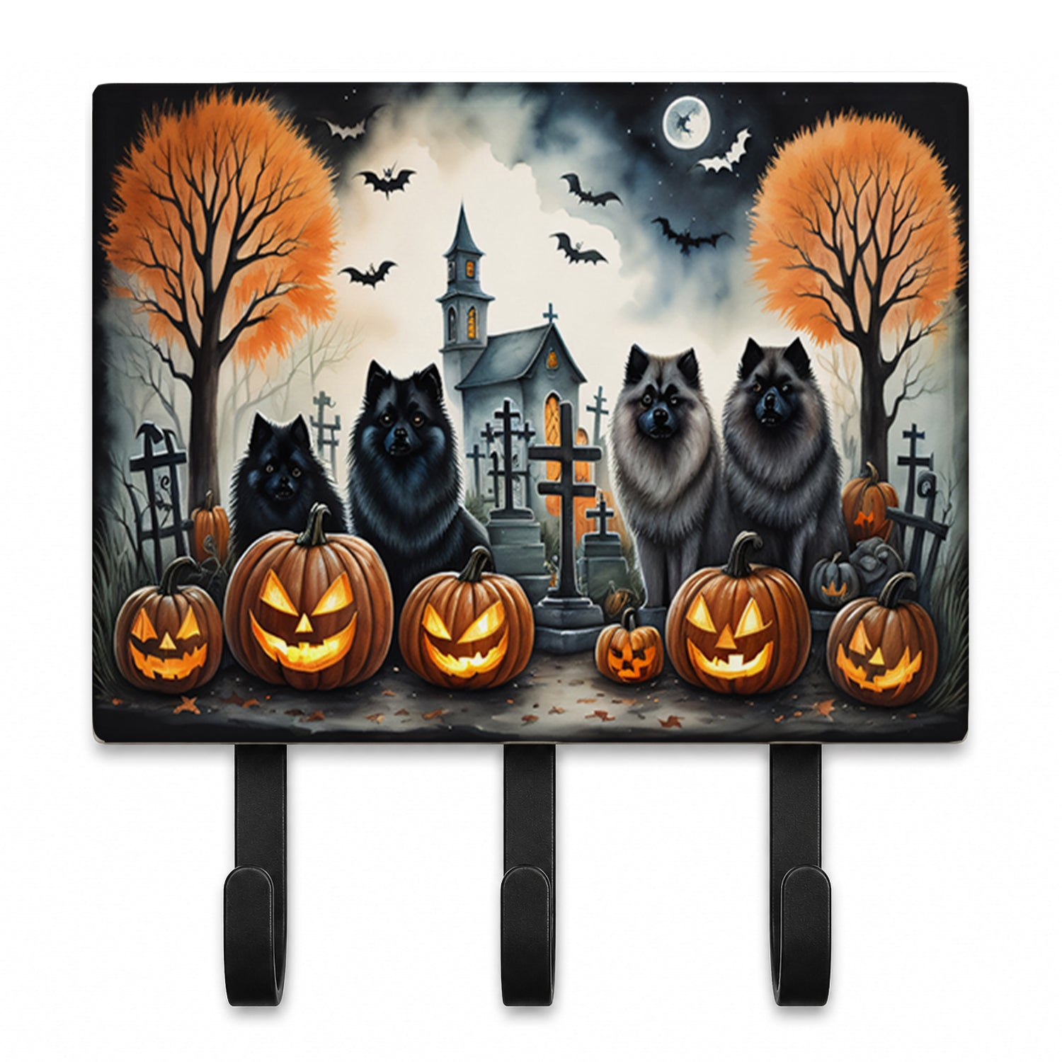 Keeshond Spooky Halloween Leash or Key Holder Wall Hooks, Coat Rack Wall Mount, for Hanging Keys, Towels, Aprons, Leashes