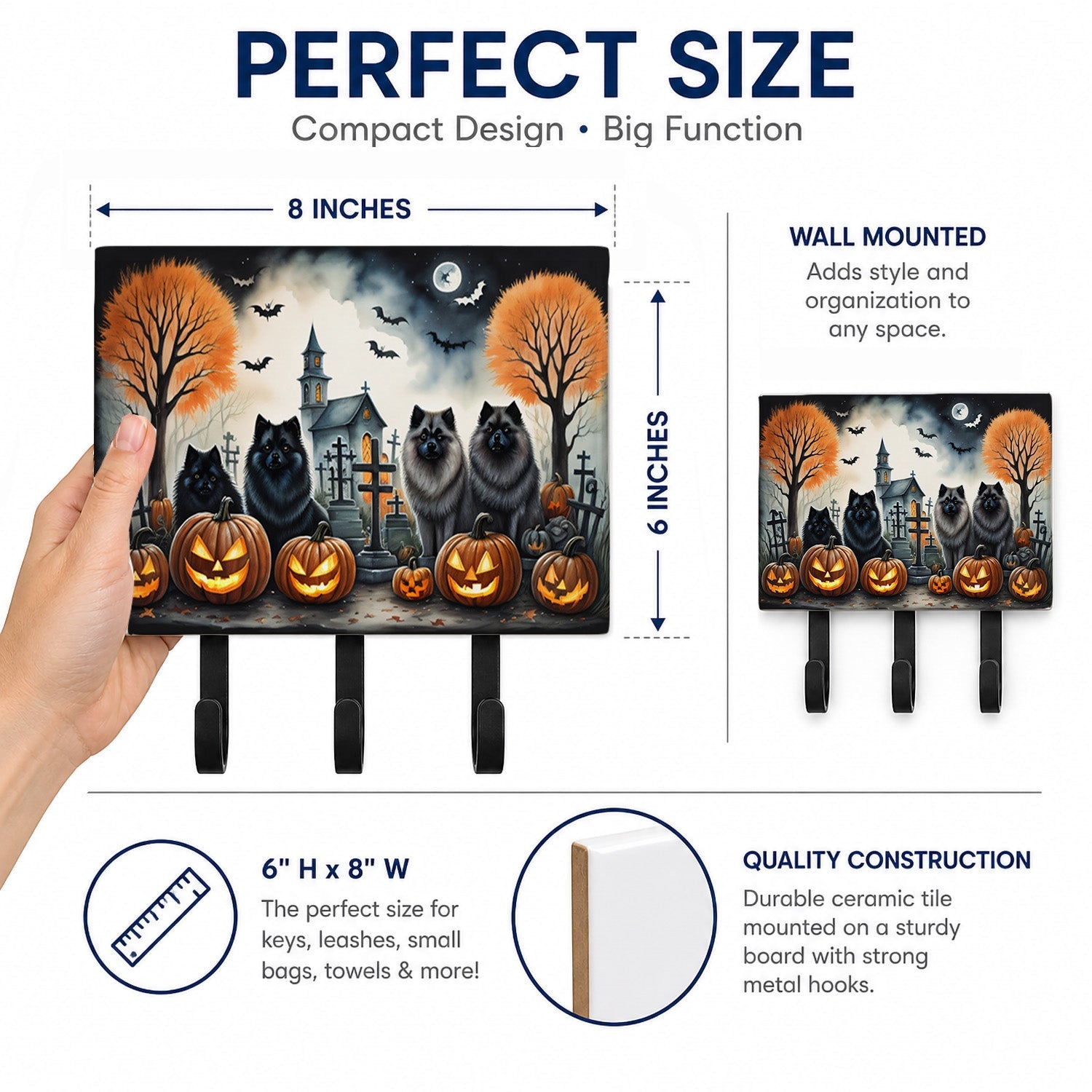 Keeshond Spooky Halloween Leash or Key Holder Wall Hooks, Coat Rack Wall Mount, for Hanging Keys, Towels, Aprons, Leashes