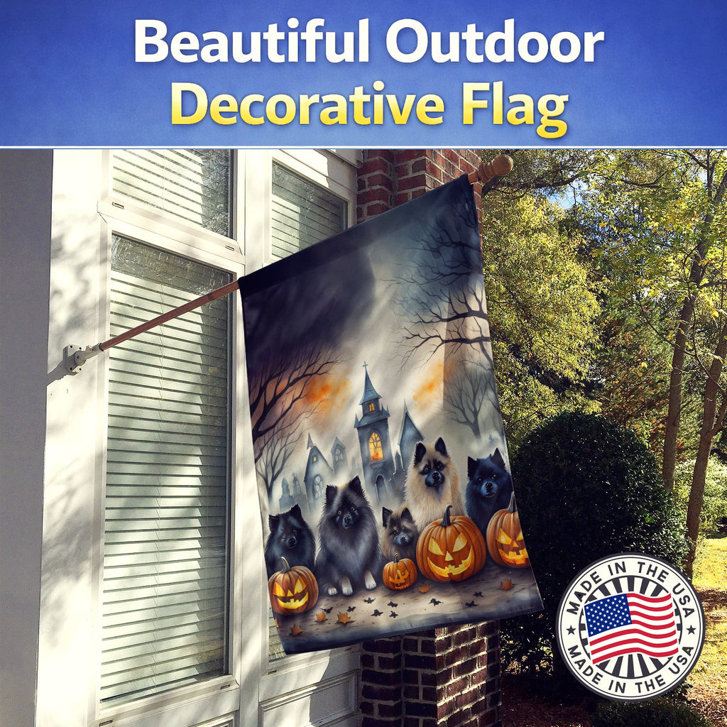 Keeshond Spooky Halloween House Flag 28x40 Porch Sleeve Pole Decorative Outside Yard Banner Artwork Wall Hanging, Polyester