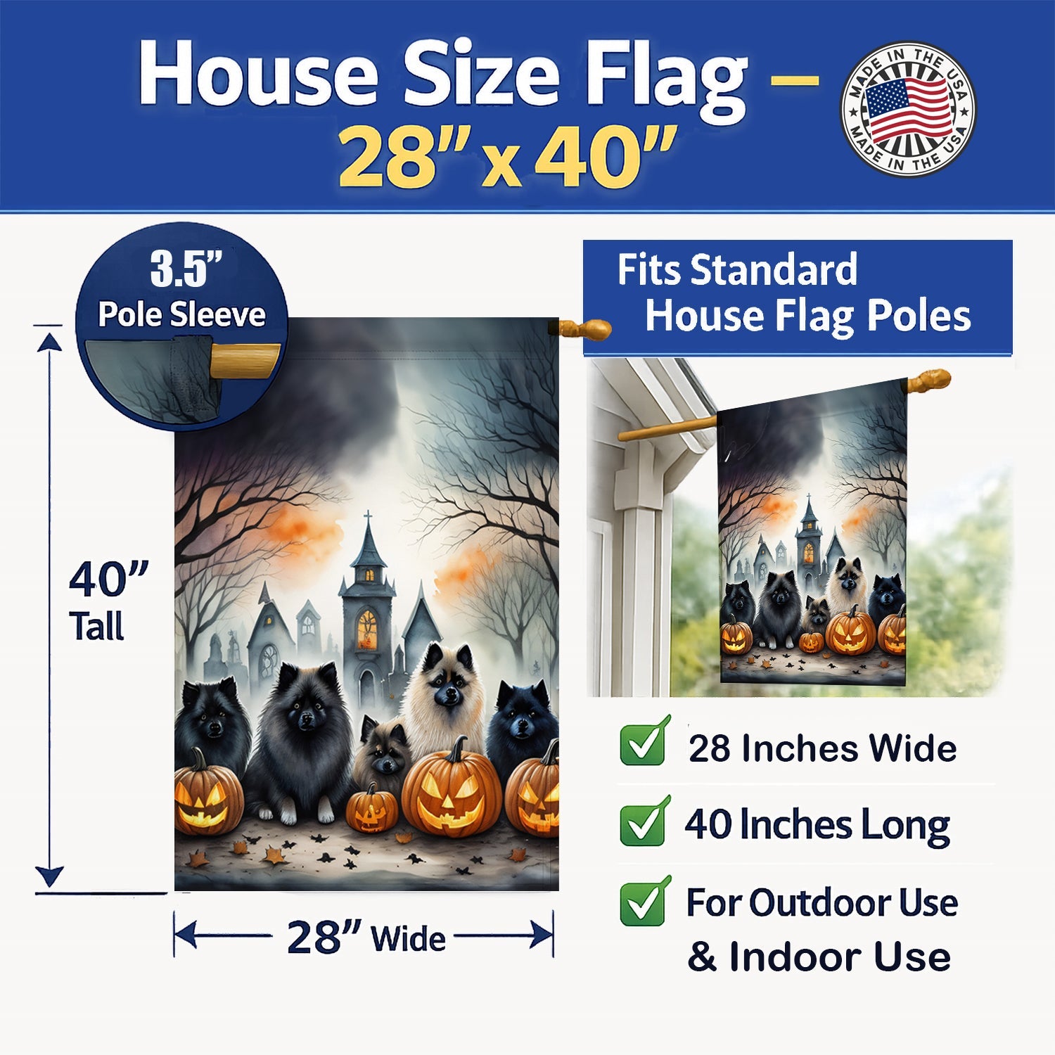 Keeshond Spooky Halloween House Flag 28x40 Porch Sleeve Pole Decorative Outside Yard Banner Artwork Wall Hanging, Polyester