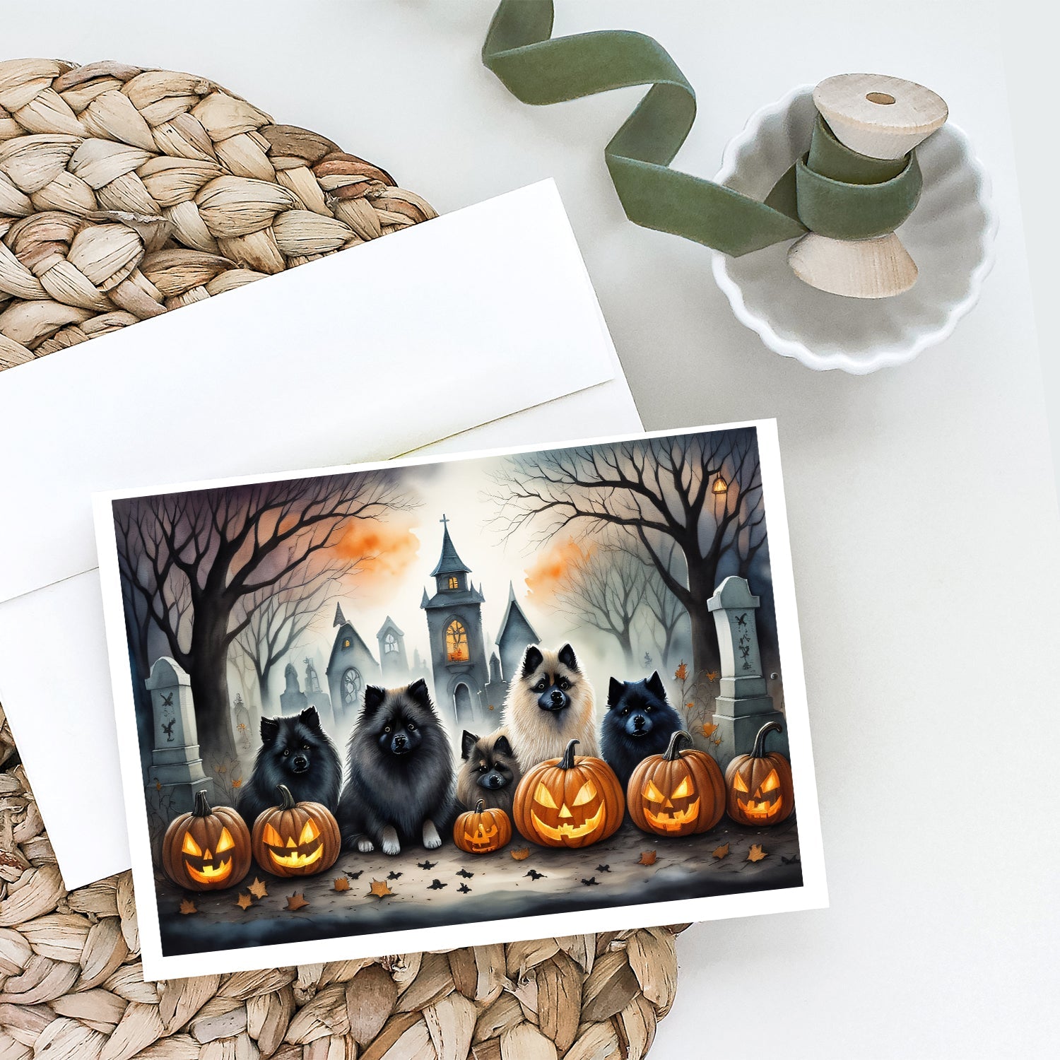 Keeshond Spooky Halloween Greeting Cards Pack of 8 Blank Cards with Envelopes Whimsical A7 Size 5x7