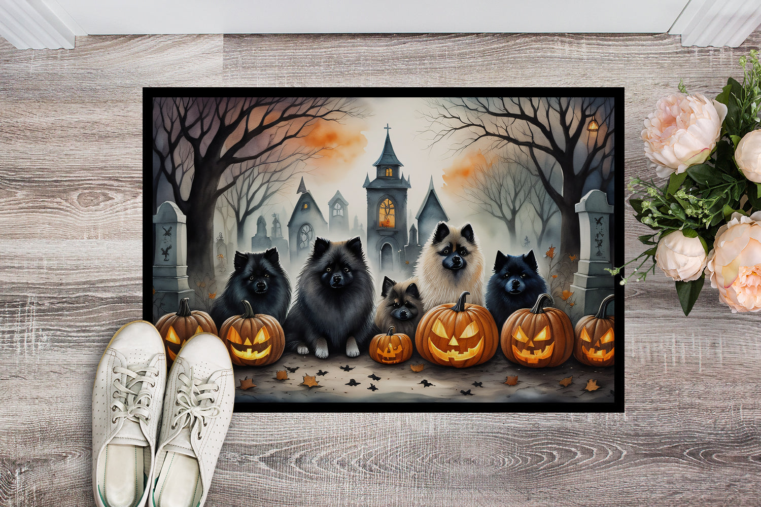 Keeshond Spooky Halloween Doormat Indoor Outdoor 24H X 36W Front Door Mat Rugs for Entryway, Non Slip Washable Low Pile,