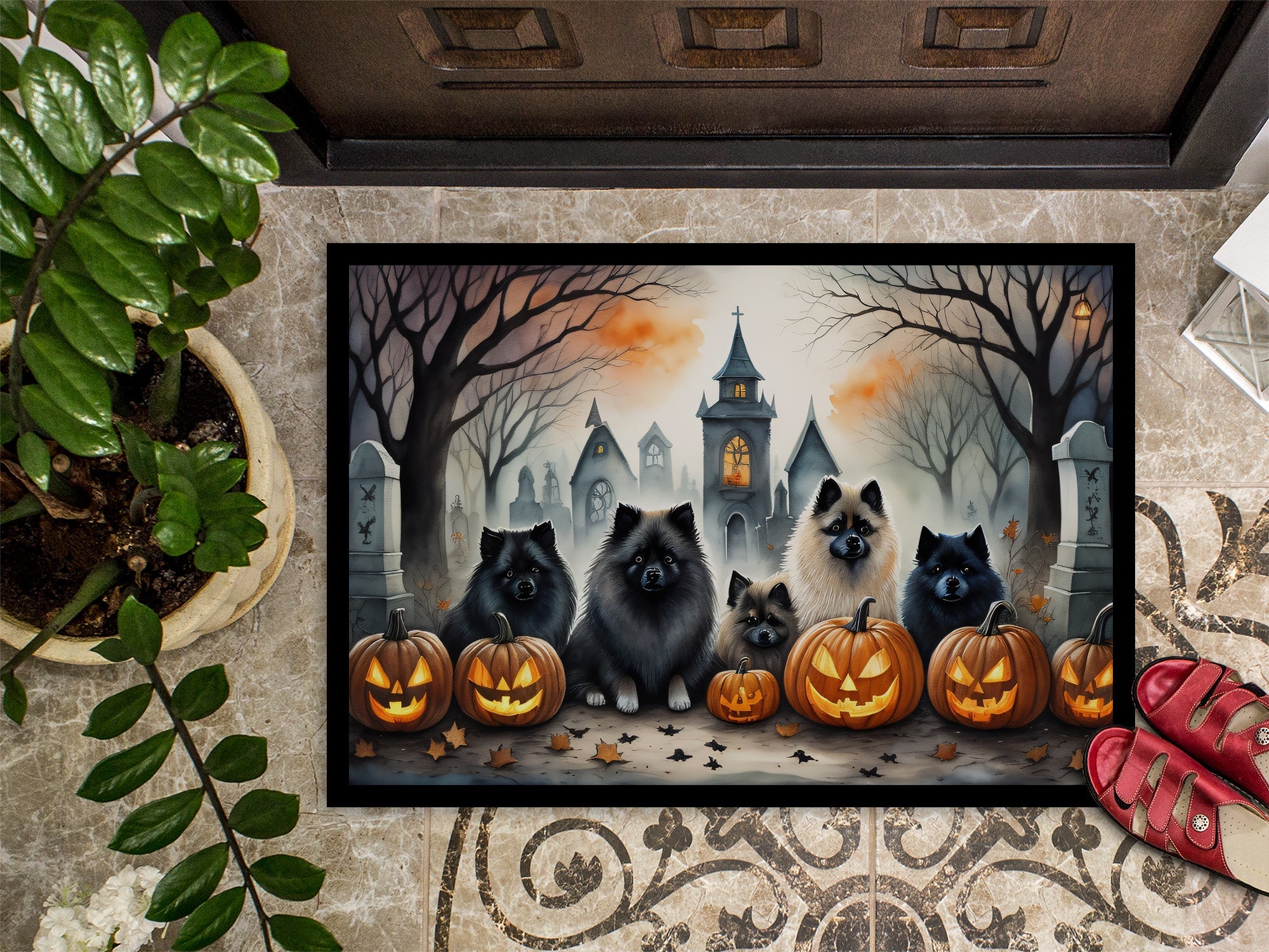 Keeshond Spooky Halloween Doormat Indoor Outdoor 24H X 36W Front Door Mat Rugs for Entryway, Non Slip Washable Low Pile,