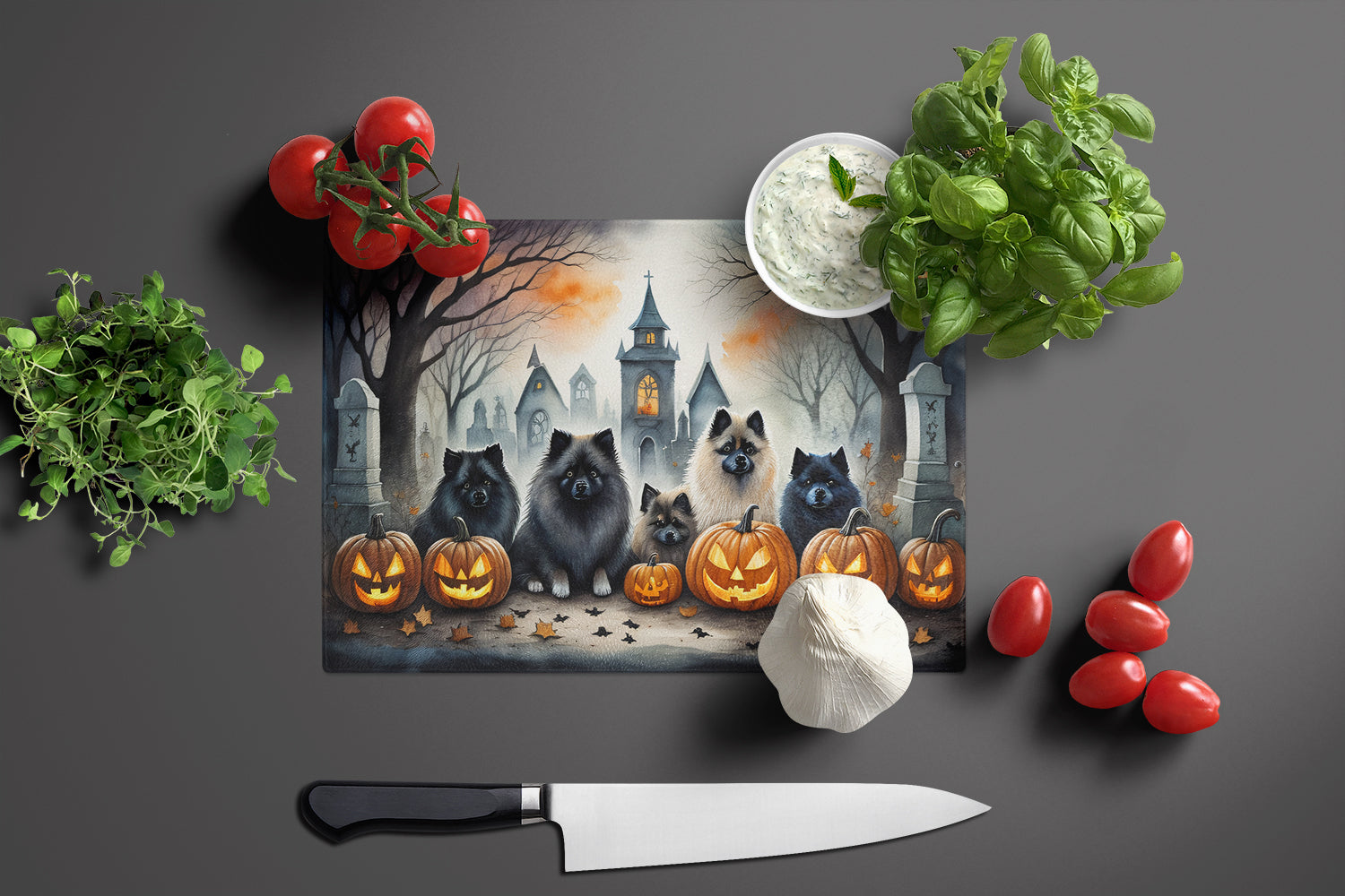 Keeshond Spooky Halloween Cutting Board Tempered Glass Kitchen Cutting Surface, Heat Resistant Chopping, Non-Slip Feet, Food Prep & Serving