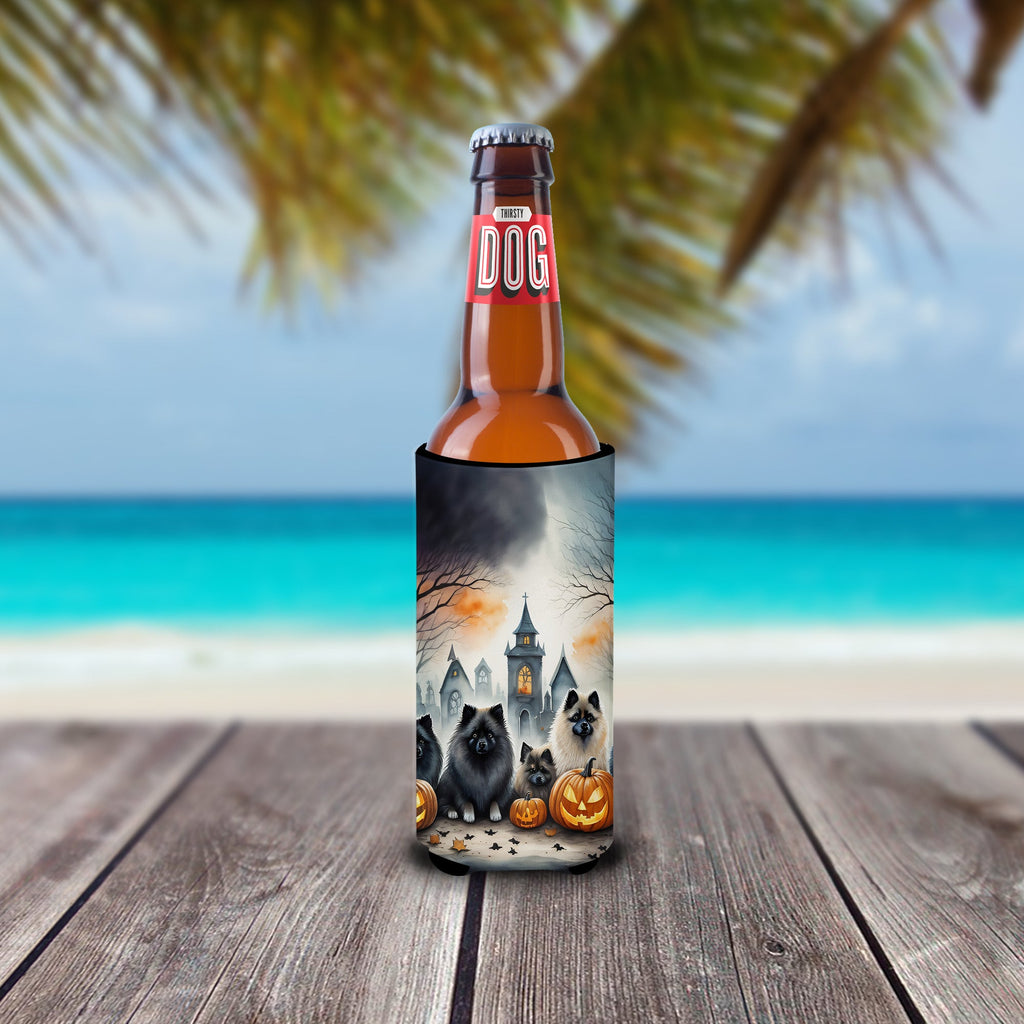 Keeshond Spooky Halloween Slim Can Hugger , Insulated Foam Hugger for 12 oz Slim Cans, Beer Bottles & Water Bottles, Printed in USA